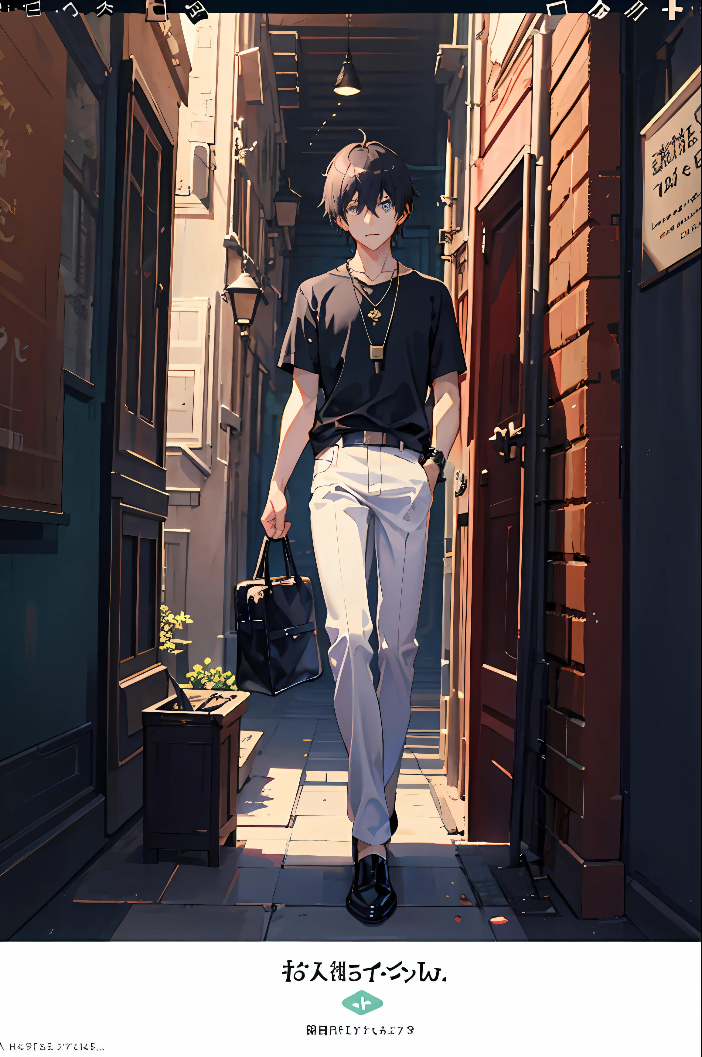 1boy, apple, bag, bangs, berry, black hair, black shirt, blue eyes, hair between eyes, jewelry, leaf, looking at viewer, male focus, necklace, pants, shirt, solo, watch, white pants, wristwatch, messy hair, trending on artstation, 8k resolution, highly detailed, anatomically correct, sharp image, digital painting, concept art, trending on pixiv, style of makoto shinkai,