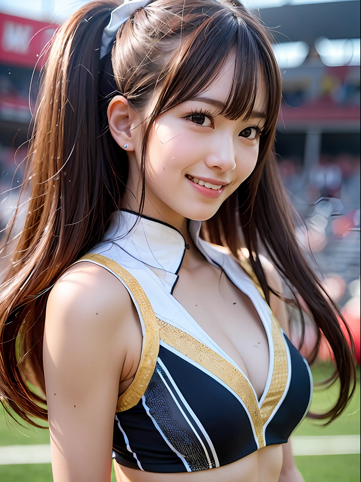 Ala Fed Asian cheerleader holding pom pom in stadium, closeup, closeup, cosplay photo, anime cosplay, small breasts, RAW photo, best quality, high resolution, (masterpiece), (photorealistic:1.4), professional photography, sharp focus, HDR, 8K resolution, intricate details, depth of field, highly detailed cg unity 8k wallpaper, Front Light, NSFW, Woman, Girl, Beautiful Supermodel, Smiling, Slender, (Sweating All Body:1.3), 2 Person