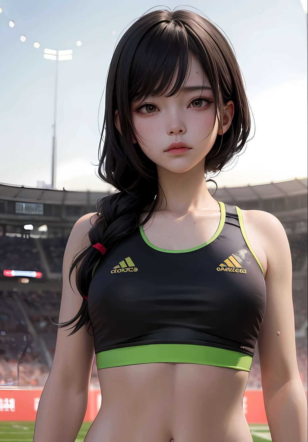 beautiful, masterpiece, top quality, hiqcgbody, anime, 1 girl, samyan, olympian, sports bra, portrait shot, watch viewer, frown, outdoor stadium, exhausting and sweaty, intricate details, >