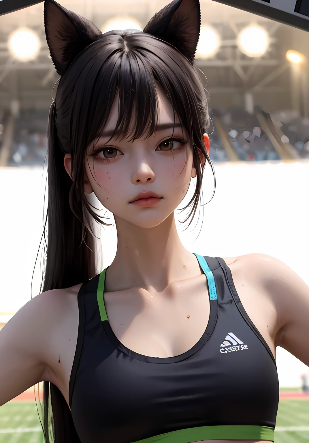 beautiful, masterpiece, top quality, hiqcgbody, anime, 1 girl, samyan, olympian, sports bra, portrait shot, watch viewer, frown, outdoor stadium, exhausting and sweaty, intricate details, >