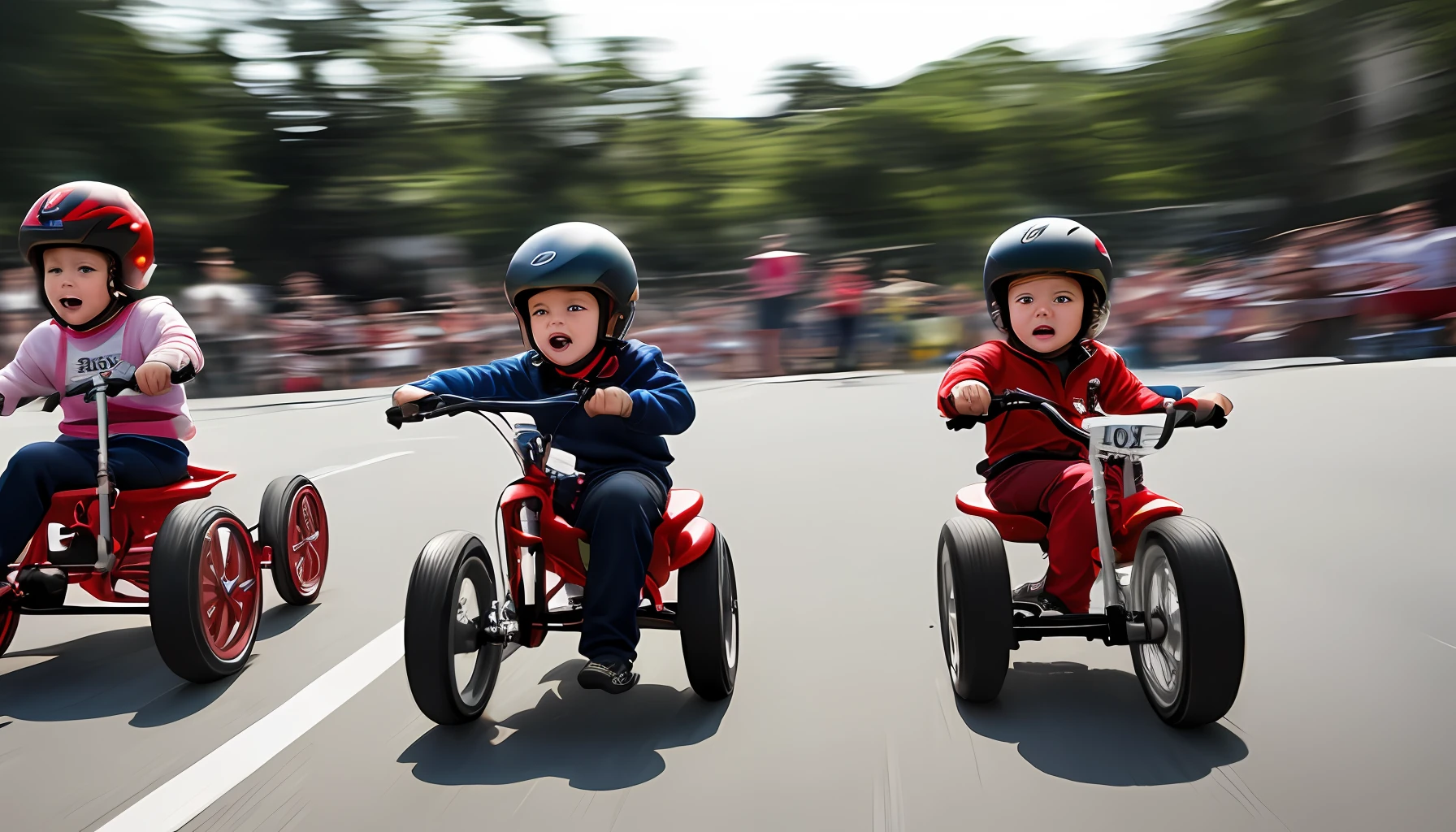 RAW time lapse photography close up of toddlers competing in tricycle race, motion blurred movement, long timed exposure, random expressions, detailed faces, super HD, ridiculous resolution