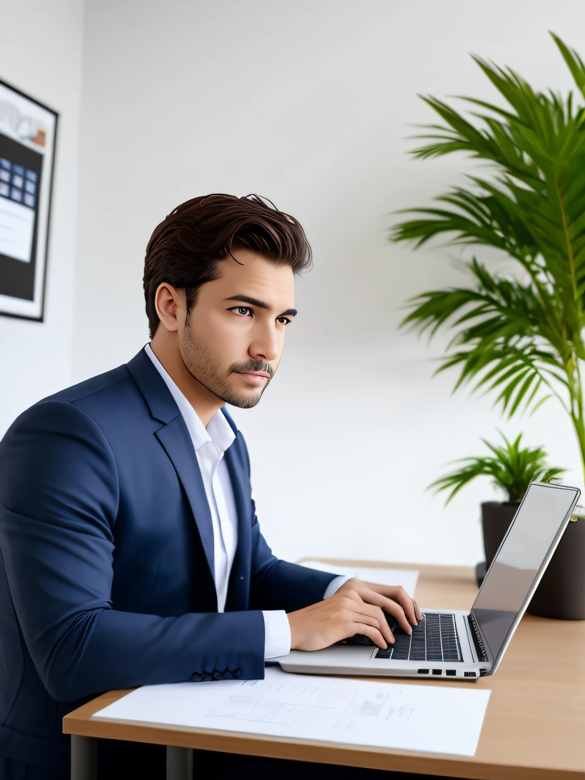 Homem de terno, sentado utilizando um notebook, qualidade da imagem hd, ambiente home office, olhando para a tela do notebook, various variations