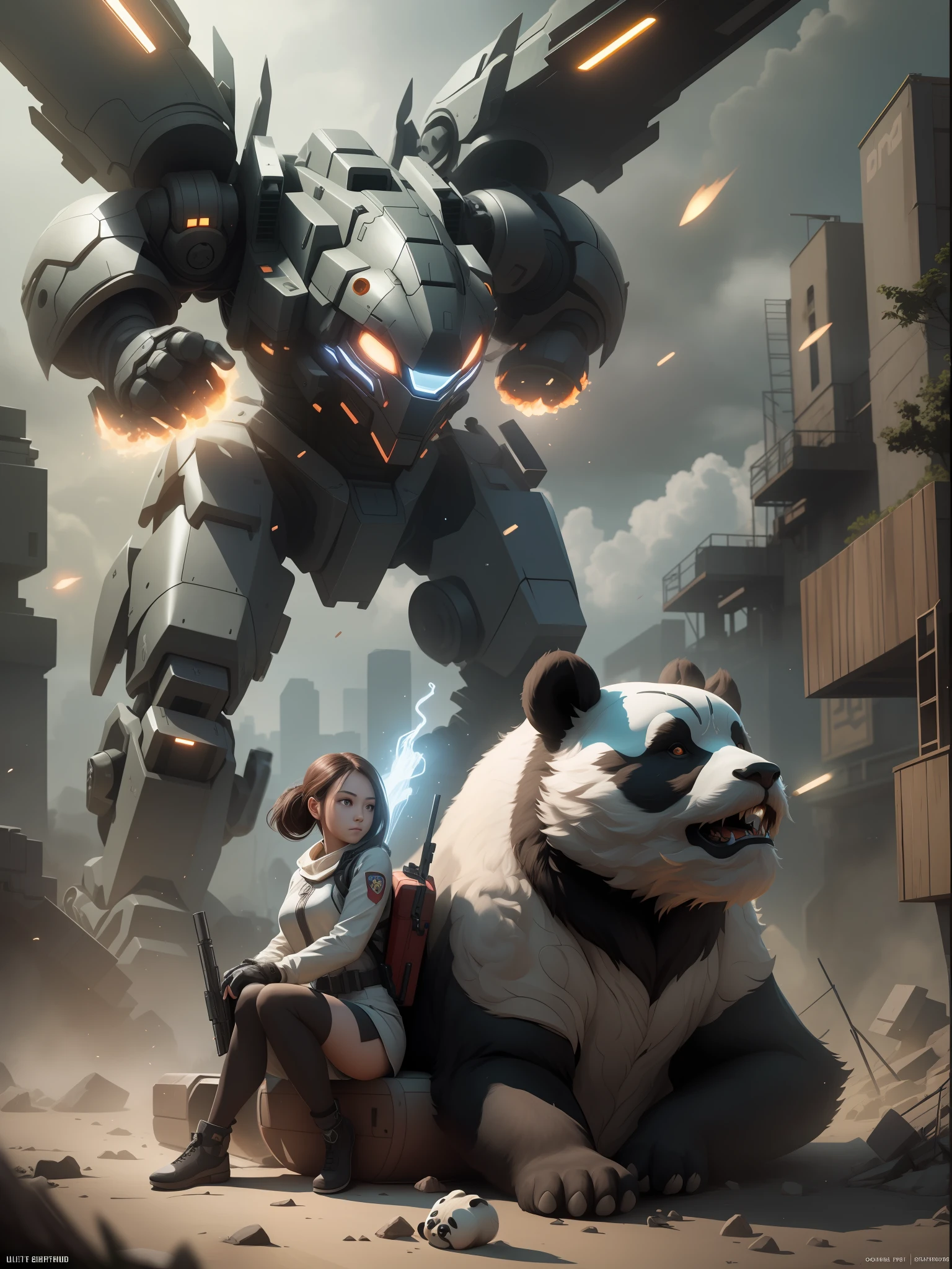 (((The girl sits on the shoulders of a huge panda mech))),((Girl close-up strengthened)),(((ultra fine))),Shoot at 8K resolution,Gasoline liquid,,Lithography in intricate details,dongh(Light particles:1.2),(game concept:1.3),(deep of field:1.3),Global illumination,well detailed,Trends on ArtStation,Epic shooting,Cinematic lighting