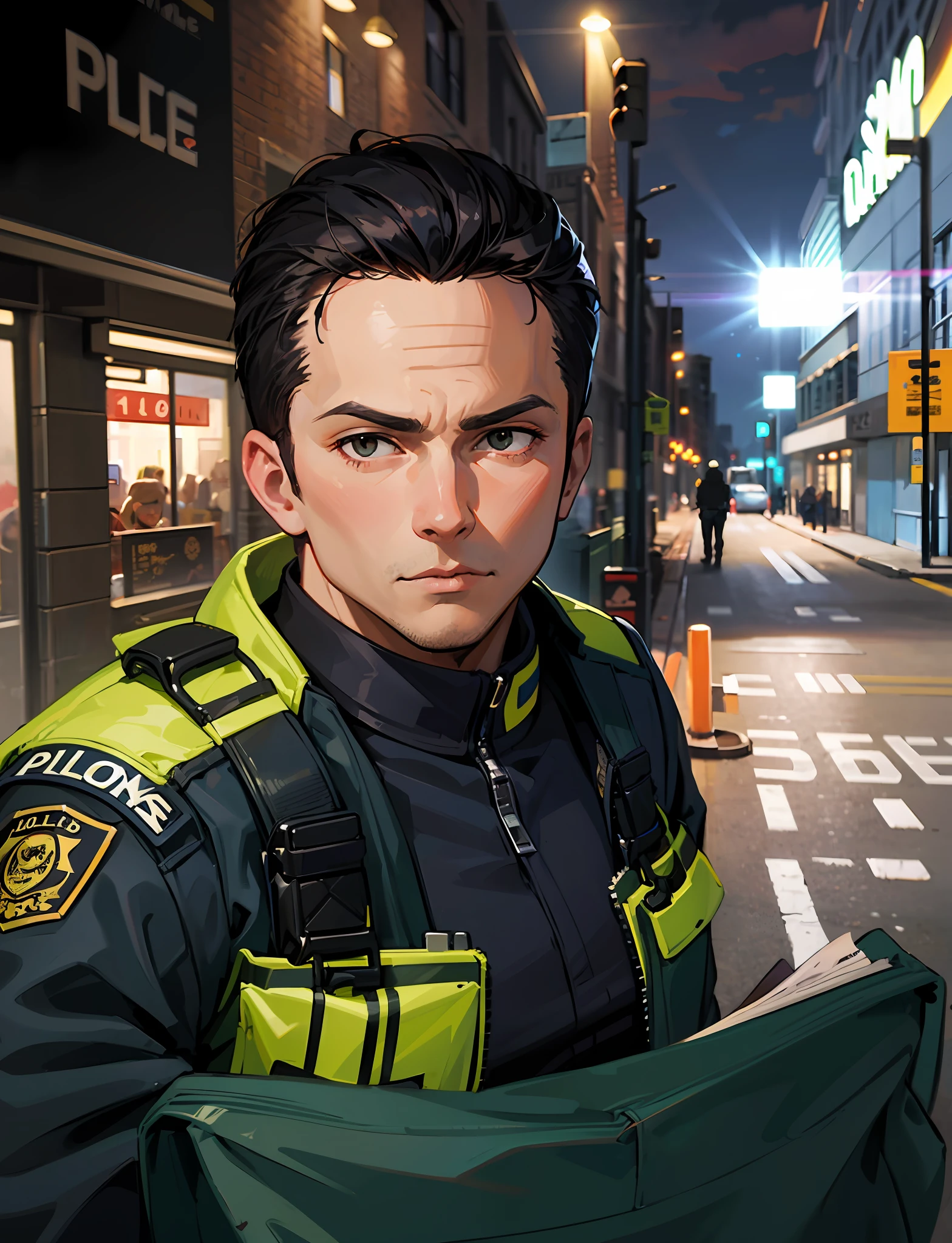 there is a man that is standing in the street with a flashlight, police officer, jose miguel roman frances, Retrato de Jerma985, Foto profesional, Retrato disparado 8K, colombiano, police man, reddit post, andres rios, wearing a police uniform, Agente de seguridad, Foto tomada por la noche, police man!!, dan dos santos, imagen frontal, estilo anime