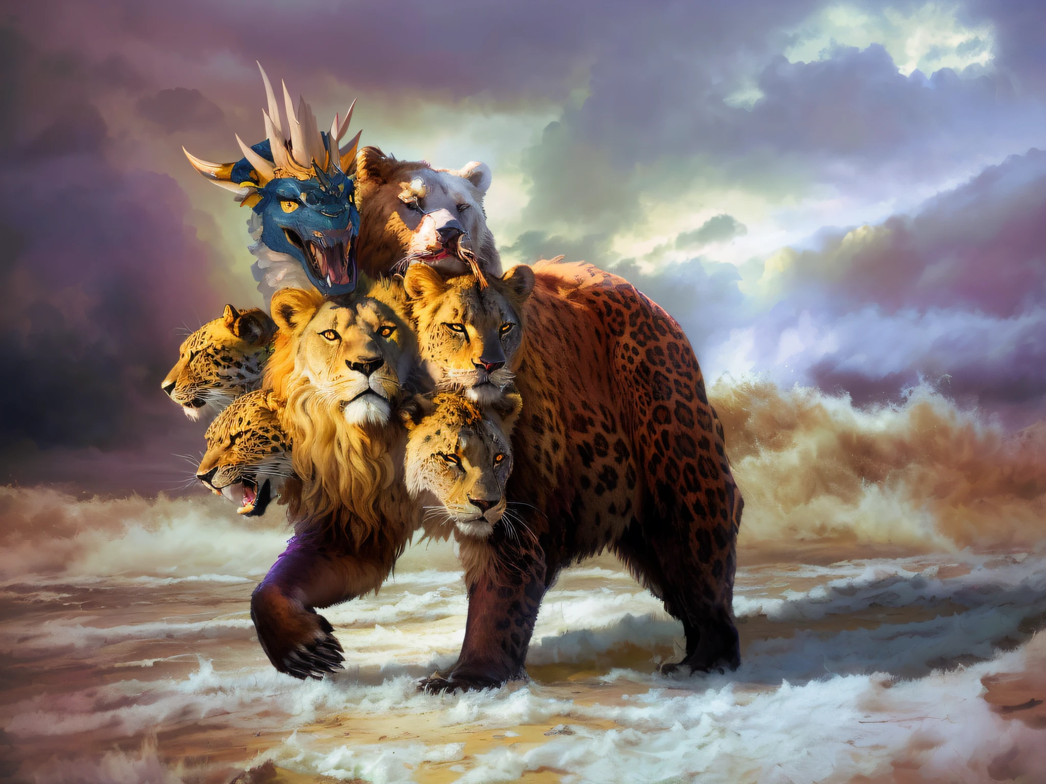 there is a bear with a dragon with horns on its head and a lion on its back, surreal hybrid animals, digital art animal photo, lord of beasts, four leopards heads surround a LION head, realistic photography paleoart, by Adam Marczyński, (fantasy), portrait of anthropomorphic bear, by Peter S. Pezzati, 5000k resolution, award-winning photo