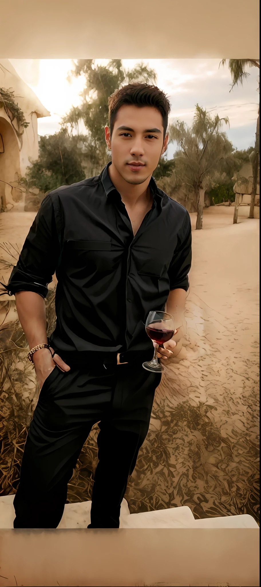 Man in a black shirt holding a glass of wine, com uma bebida, homem bonito, corpo inteiro ,muito bonito, attractive and good looking. Paisagem bonita
