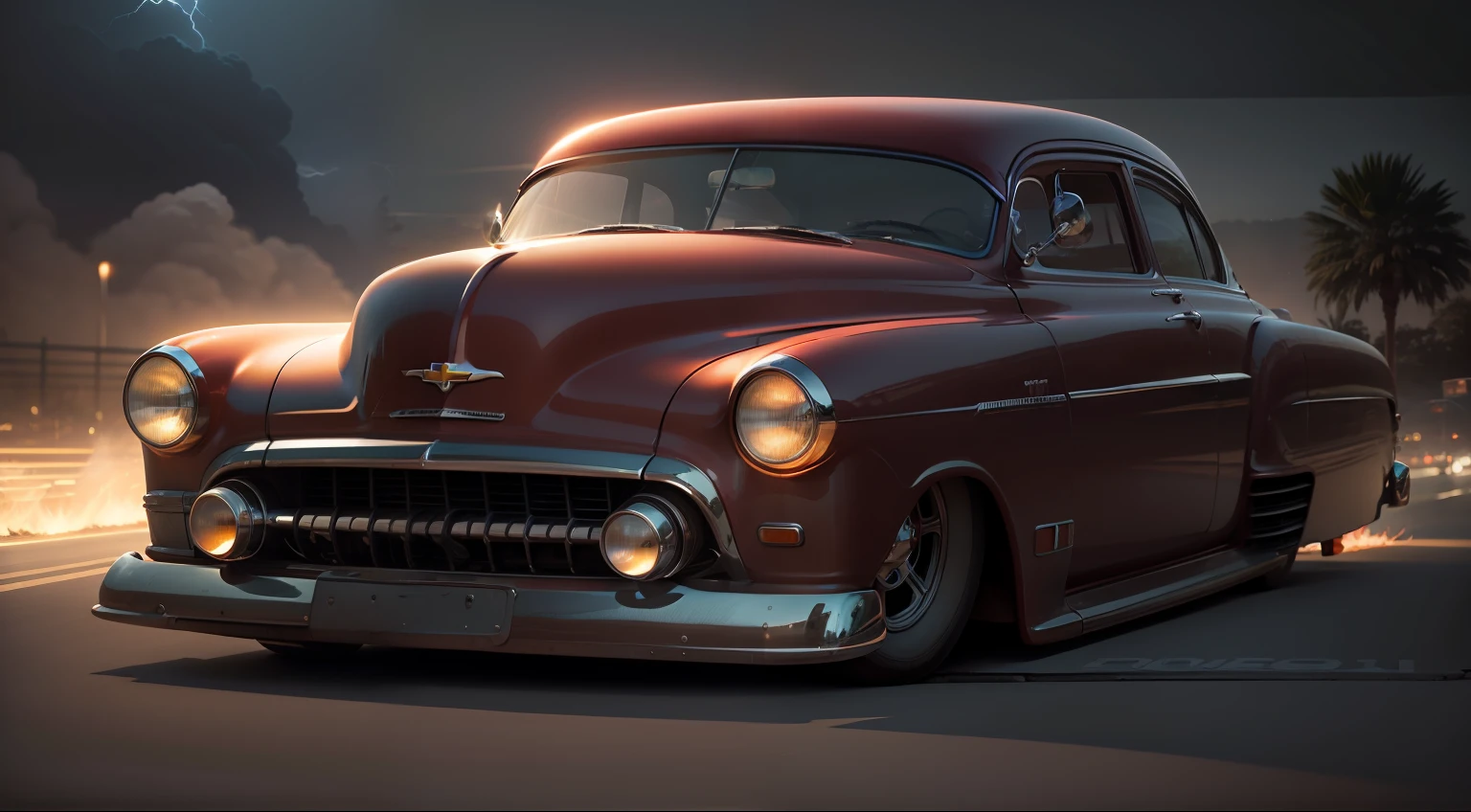 Chevy sedan 1950 seed: 759504711, flaming wheels, dark atmosphere, nightfall, cinema photography, lightning road, warm colours, keep the car faithfull to the original, 8K --auto