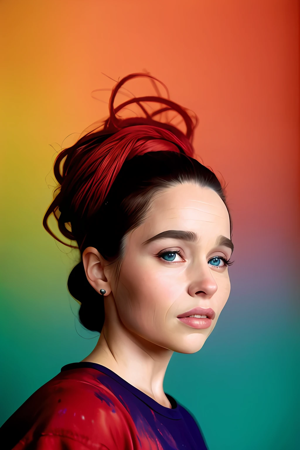 Emilia Clarke , vestindo moletom, olhando para o espectador, seios fartos, festival de cores holi, retrato, ponto de vista hiper detalhado, por lee jeffries, nikon d850, fotografia de filme, 4 kodak portra 400, F1 camera lens.6, cores ricas, hiper realista, textura realista, dramatic lighting, cinestill 800,