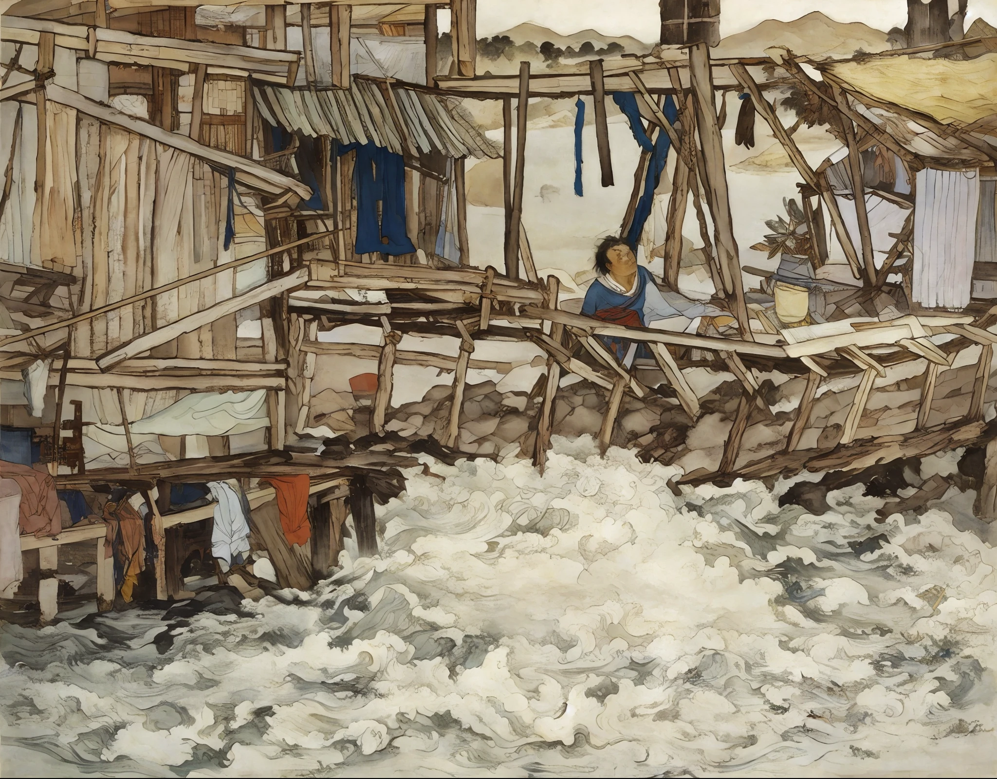 painting of a man in a boat in the water near a shack, vrubel, arthur rackham. Masterpiece, arthur rackham painting, waterwheels, author：Rudolf Schlichter, inspired by Kōno Bairei, inspired by Matthijs Maris, inspired by Hermann Rüdisühli, author：Max Klinger