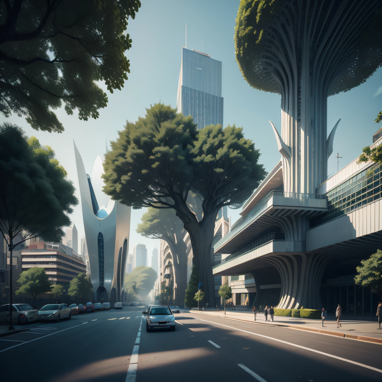 Futuristic architecture, Arquitetura premiada, skyscraper architectureCity, photographic style, Rendering, Alameda de plane trees, Highly detailed dream building in the architectural styles of Oscar Niemeyer and Ernst Haeckel :: arquiteturacore :: High contrast wide avenue in front full of trees, plane trees