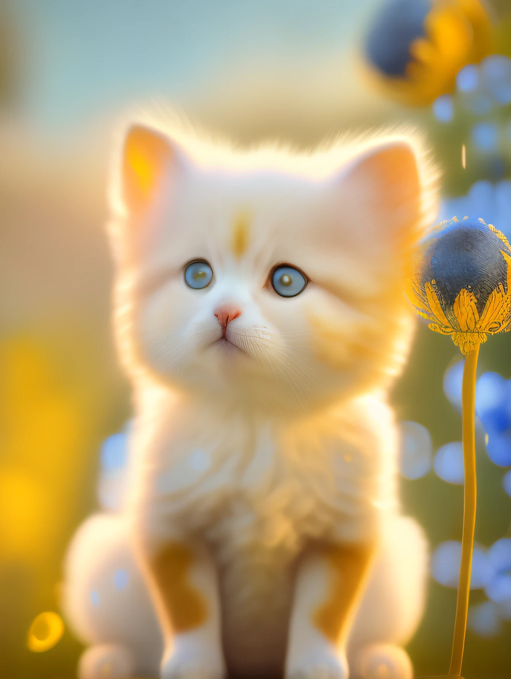 Muito bonito peludo branco persa gatinho, olhos azuis grandes, flores, arbustos, corpo inteiro, boca aberta, rir, luz profissional, profundidade de campo 8k, golden magic moment, fotografia profissional, octane rendering, Super realistic - amazing sunlight, dynamic compositing, fotografia, sharp-focus, bokeh fundo, boca aberta, rir !!!