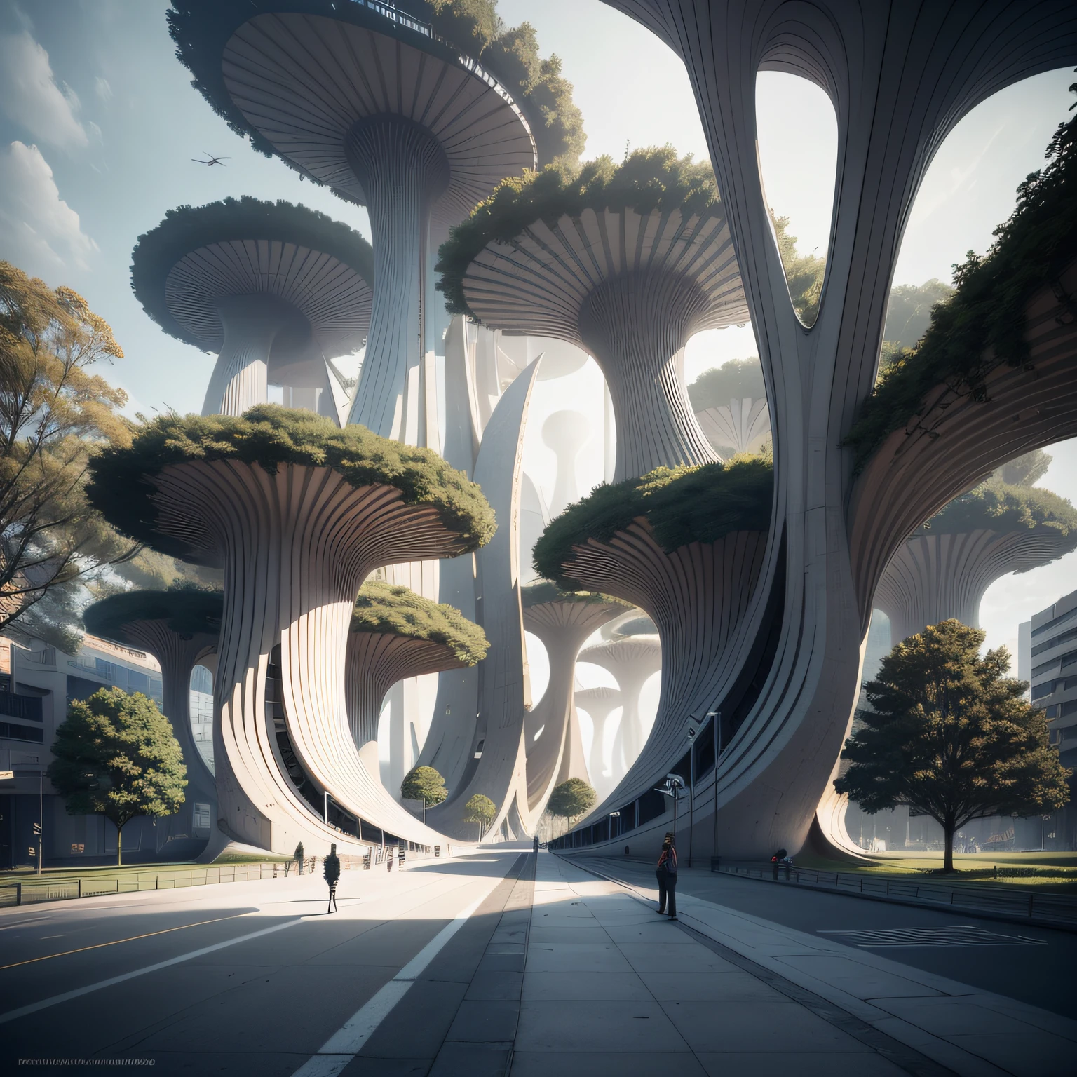 Futuristic architecture, arquitetura premiada, skyscraper architectureCity, photographic style, Rendering, Alameda de plane trees, Highly detailed dream building in the architectural styles of Oscar Niemeyer and Ernst Haeckel :: arquiteturacore :: High contrast wide avenue in front full of trees, plane trees