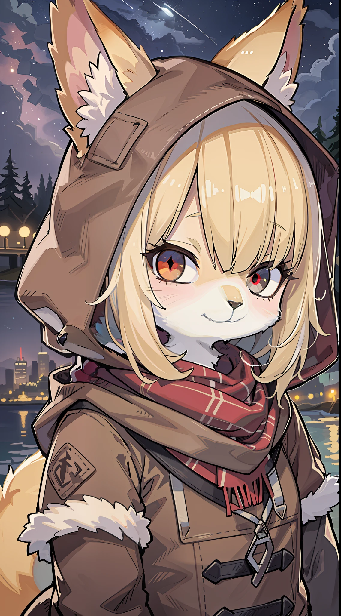 Fox Boy,was hairy,shaggy,Smoothes lashes,Skin fur,Golden fur,Forelimb hands, solid circle eyes,Golden ears,Golden face fur , Short blonde hair,Red eyes,Super cute face,Brown elements on fur,Brown hooded jacket brown hood up,Ambient light,Ultra-fine fur,volumettic light,Night,natural day light,Fluffy tail,furries wearing tails,Big tail,nevando,Night,starry skies,seawall,crossed bangs, hair strand, Shiny hair,nervousness,Empty eyes,tired,Sleepy,dark circles,35mm,sharp talons。High quality, high detailled, Best quality, Ultra HDR, Dark brown gloves,a bitter smile,Red diamond scarf