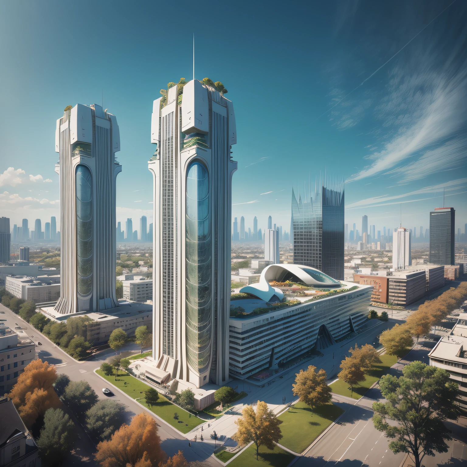 Futuristic architecture, arquitetura premiada, skyscraper architectureCity, photographic style, Rendering, Alameda de plane trees, Highly detailed dream building in the architectural styles of Oscar Niemeyer and Ernst Haeckel :: arquiteturacore :: High contrast wide avenue in front full of trees, plane trees