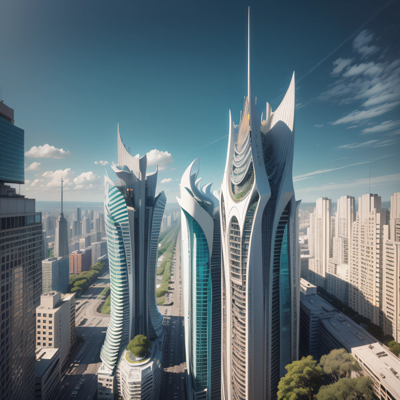 Futuristic architecture, arquitetura premiada, skyscraper architectureCity, photographic style, Rendering, Alameda de plane trees, Highly detailed dream building in the architectural styles of Oscar Niemeyer and Ernst Haeckel :: arquiteturacore :: High contrast wide avenue in front full of trees, plane trees