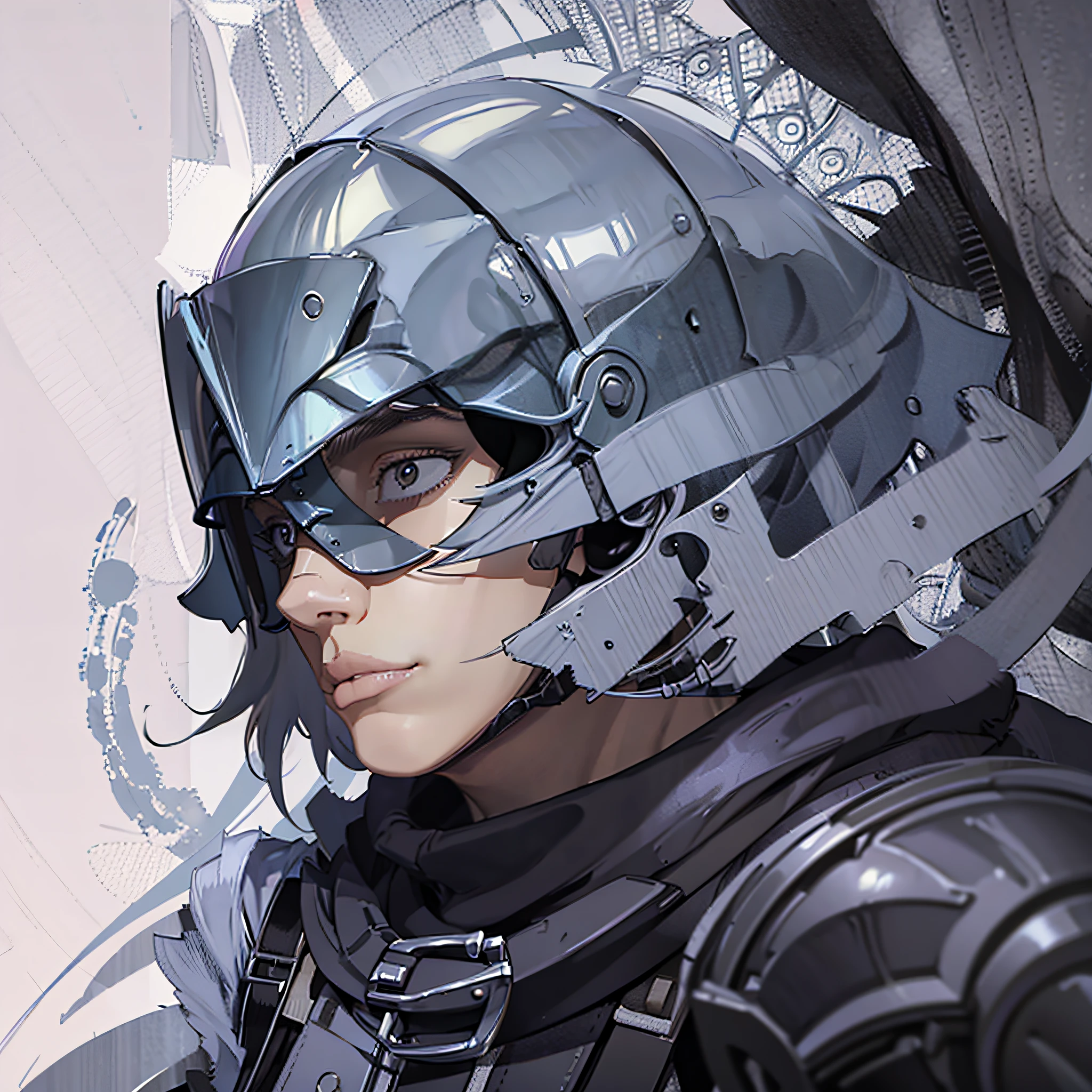 retrato de tripas \(berserk\), Obra maestra, La mejor calidad, One Boy, cabello negro, pelo corto, musculatura, Cicatrices, Ver visor, Capa negra, Gran espada, Cojinete, Fondo simple, fondo rojo, (primer plano:1.1), (Medios tradicionales), Armadura de hombro,berserk