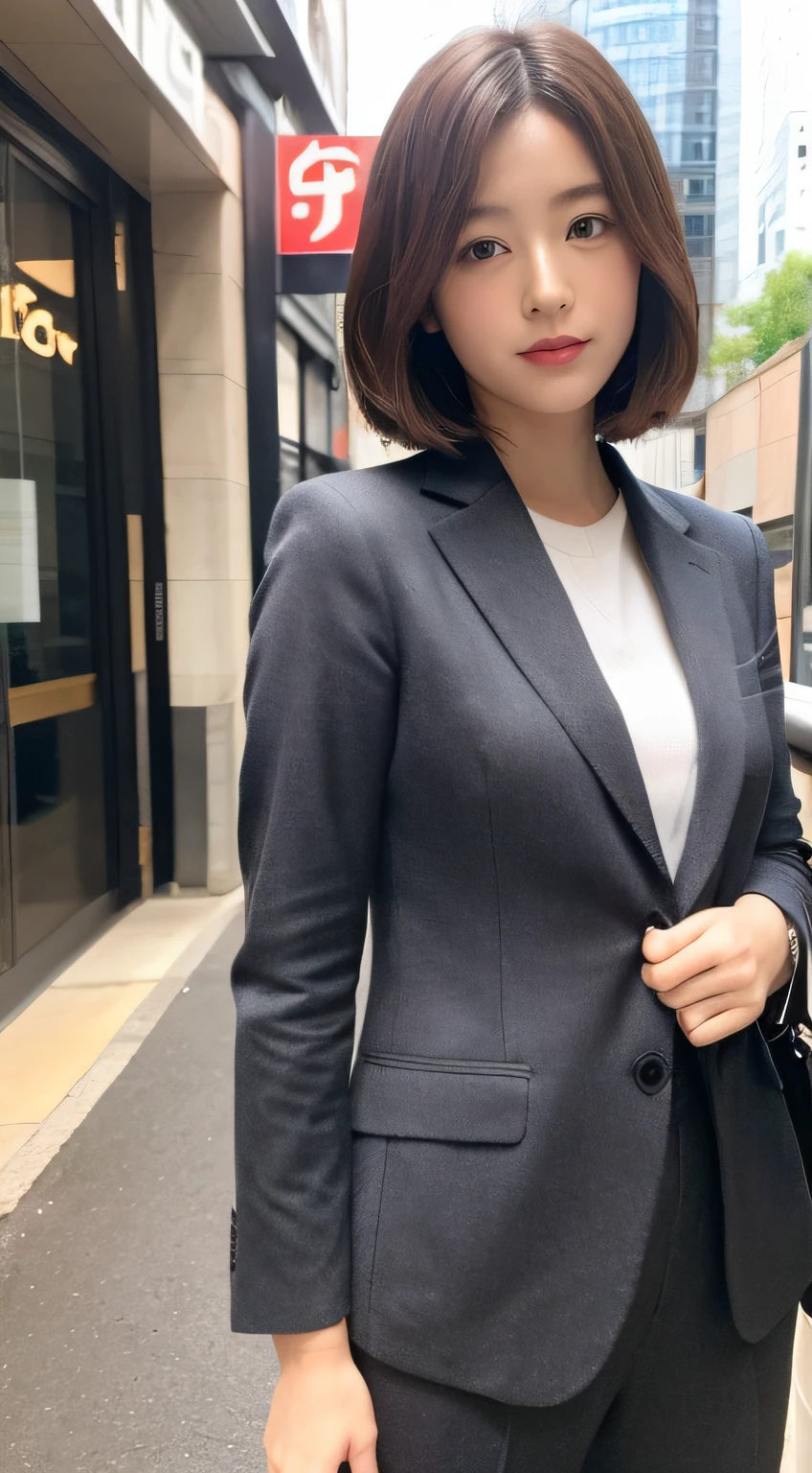 Marunouchi OL, short cut, brown hair, suit