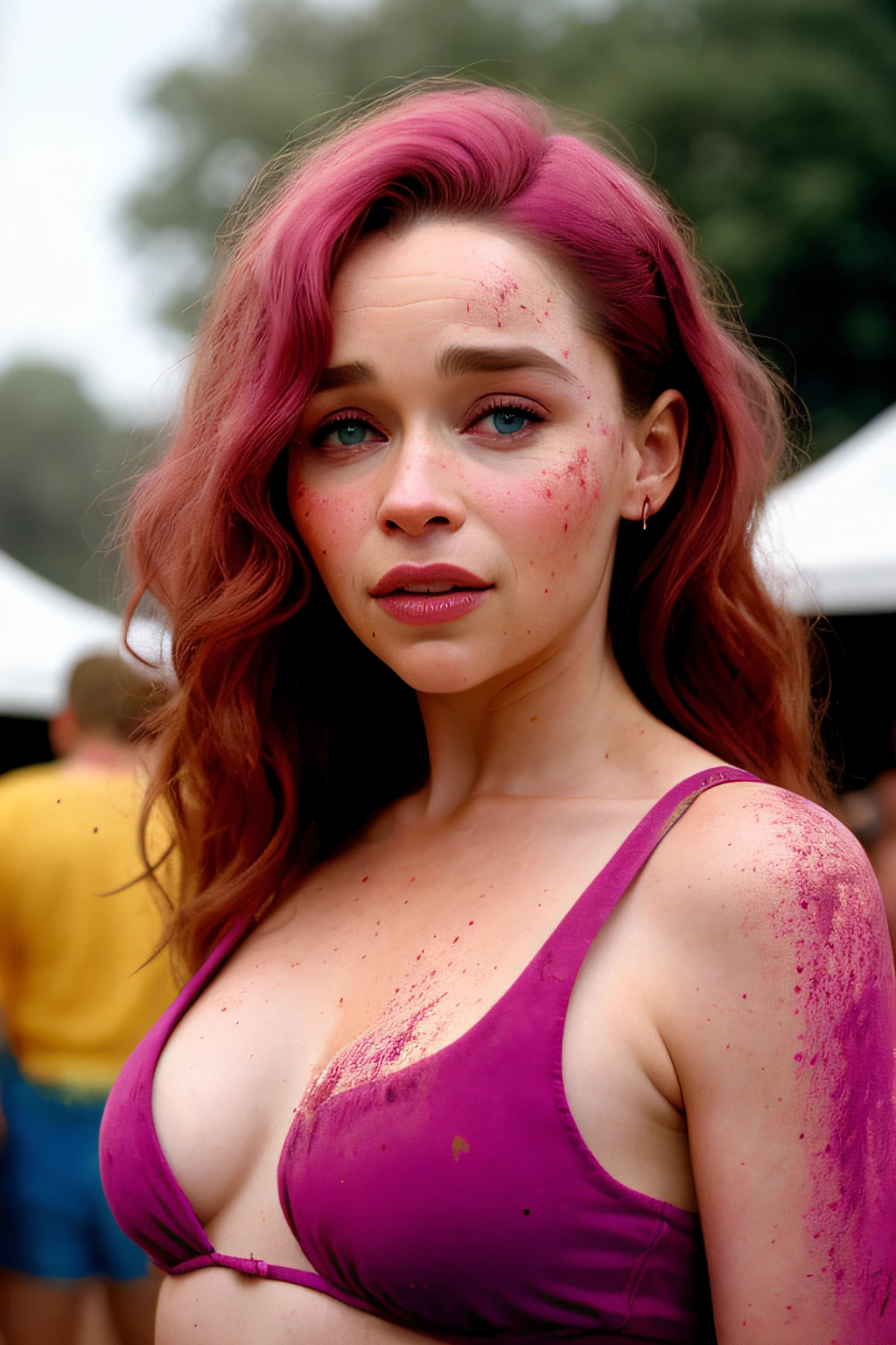 Emilia Clarke , vestindo moletom, olhando para o espectador, big boobs, festival de cores holi, retrato, ponto de vista hiper detalhado, por lee jeffries, nikon d850, fotografia de filme, 4 kodak portra 400, F1 camera lens.6, cores ricas, hiper realista, textura realista, dramatic lighting, cinestill 800,