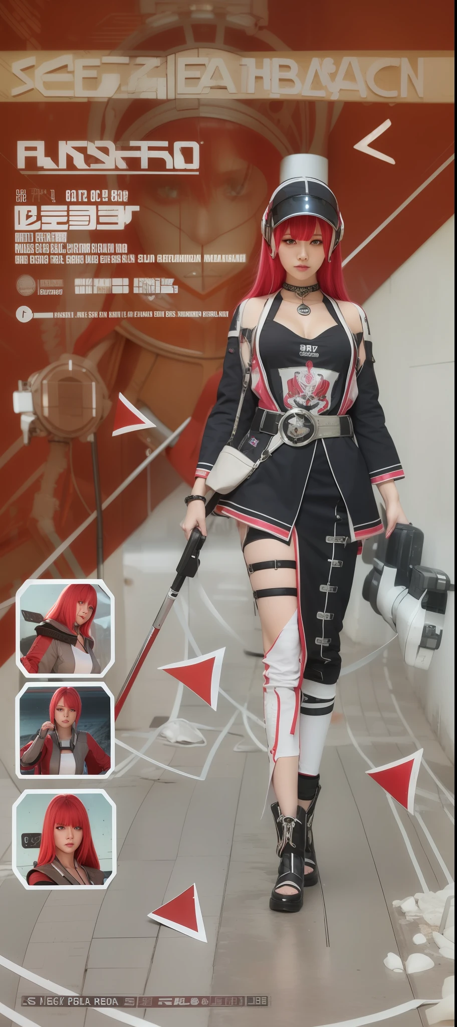 Photorealistic, white hair, sci-fi girl, medium breasts, opened collars, sci-fi face ornaments, black and red dress, sci fi dress, high quality