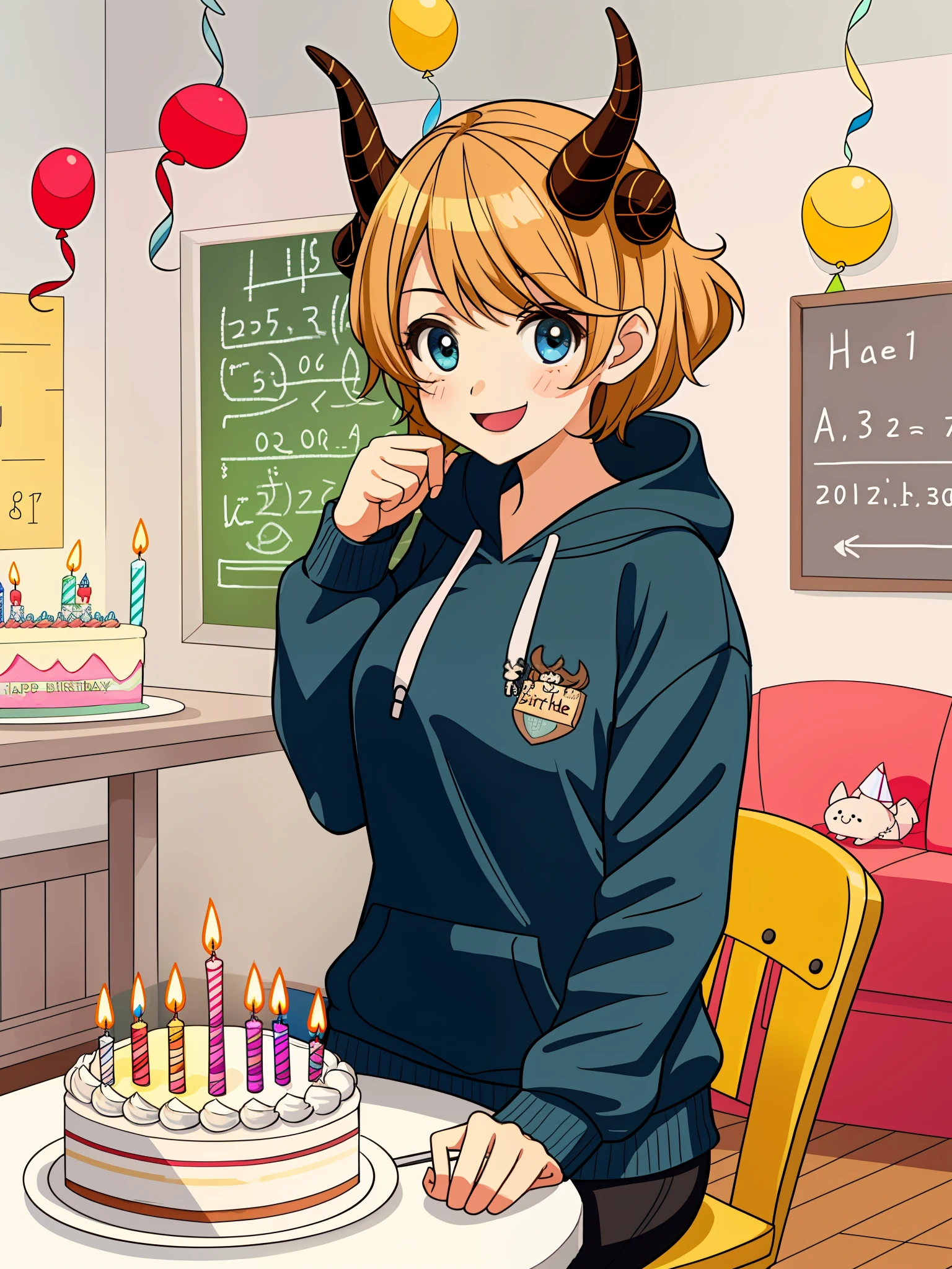 1girl, cute, maths hoodie, wishing birthday, cake, mature woman, room decorated with maths equations