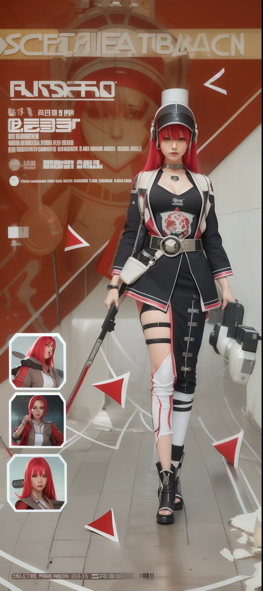 Photorealistic, white hair, sci-fi girl, medium breasts, opened collars, sci-fi face ornaments, black and red dress, sci fi dress, high quality
