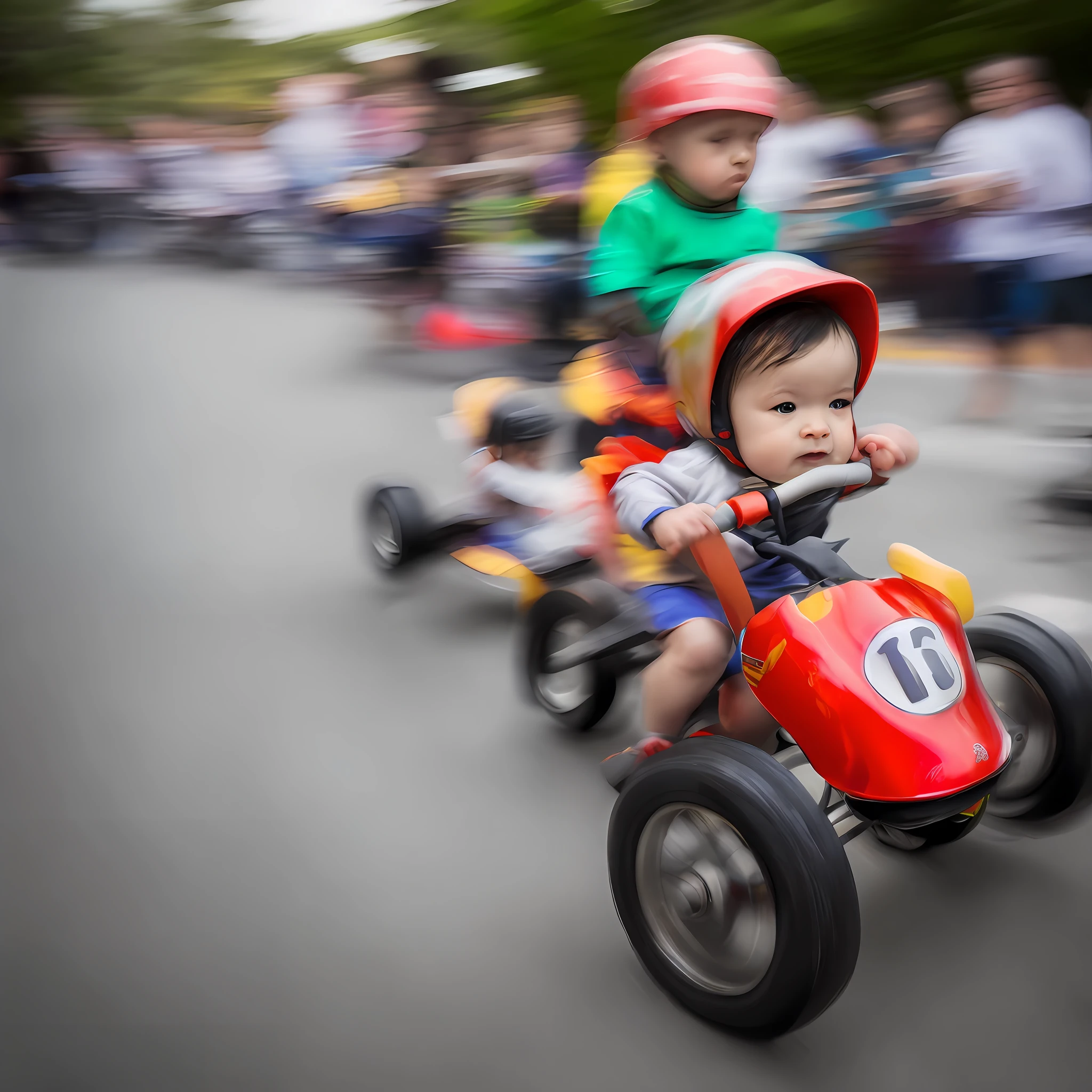 "(Close-up, raw time-lapse photography):1.2,(Toddler tricycle race, motion blur):1.3,(Long exposure):0.9,(Random expressions):1.1,Ultra-detailed, Super HD, Ridiculous Resolution." --auto