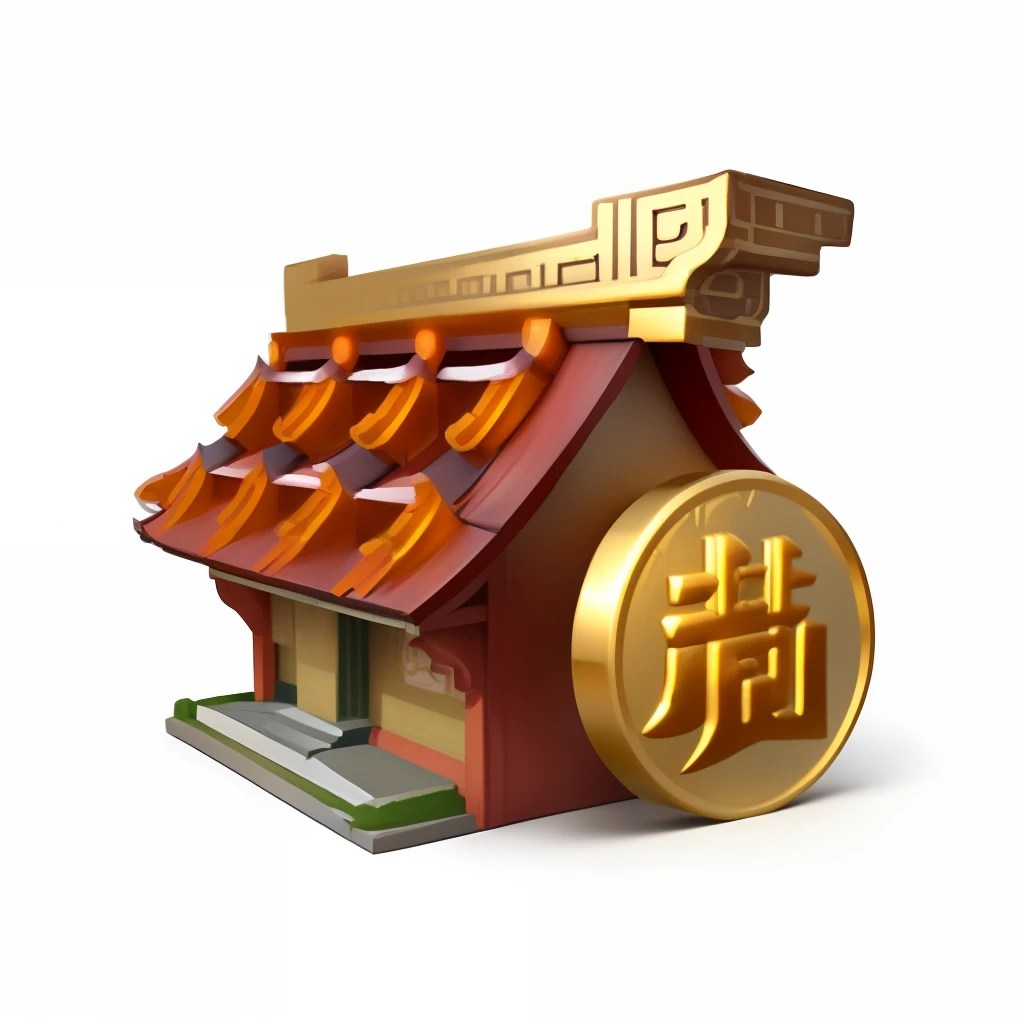 Close-up of a small house,tiled roofs,There is a gold coin on it, Chinese style buildings, 3 d icon for mobile game, Chinese style, game icon asset, golden chinese text, chinese temple, rich house, hou china, Chinese village, chinese heritage, shui mo hua, with many gold coins, God of wealth, without background, dofus, asset store