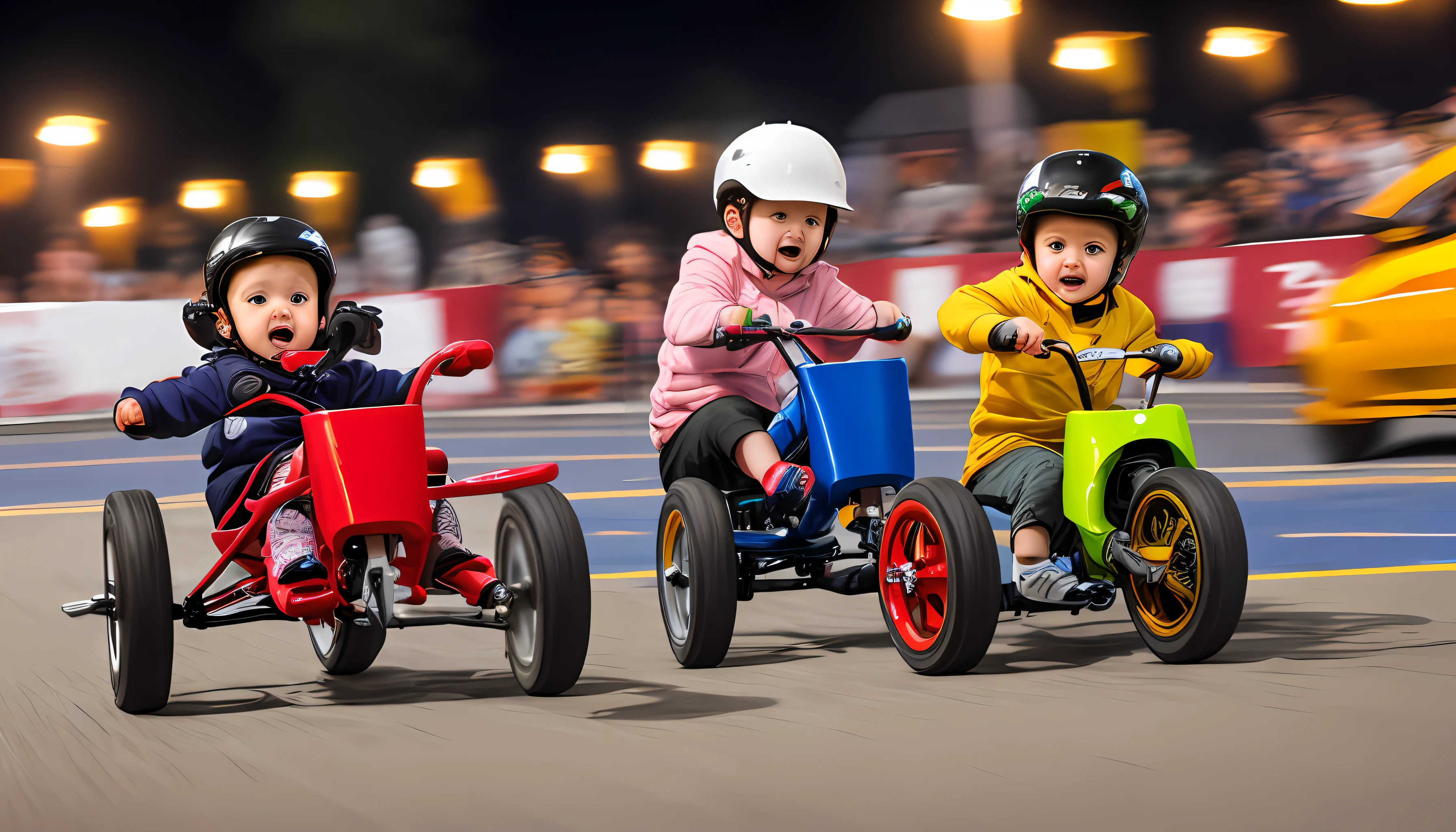 RAW time lapse photography close up of toddlers competing in tricycle race, motion blurred movement, long timed exposure, random expressions, detailed faces, super HD, ridiculous resolution