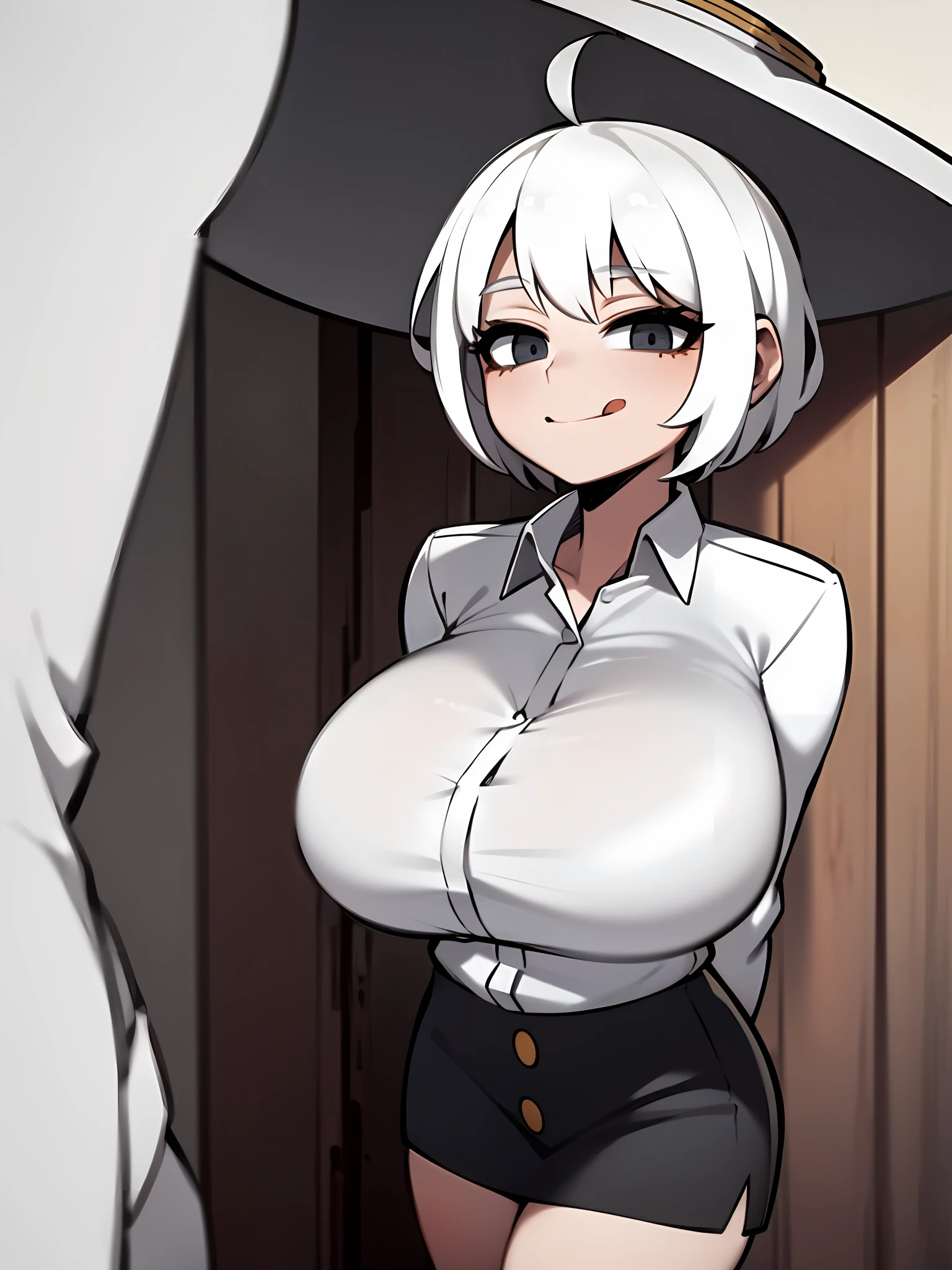 ((masterpiece, best quality)), (1girl), (solo), (female focus), (ahoge, white hair, short hair), black eyes, light smile, tongue out, big breats, big thighs, big ass ((white shirt), (buttoned shirt), (button gap)), ((black skirt), (short skirt)), standing, white background, arms behind back, dynamic angle