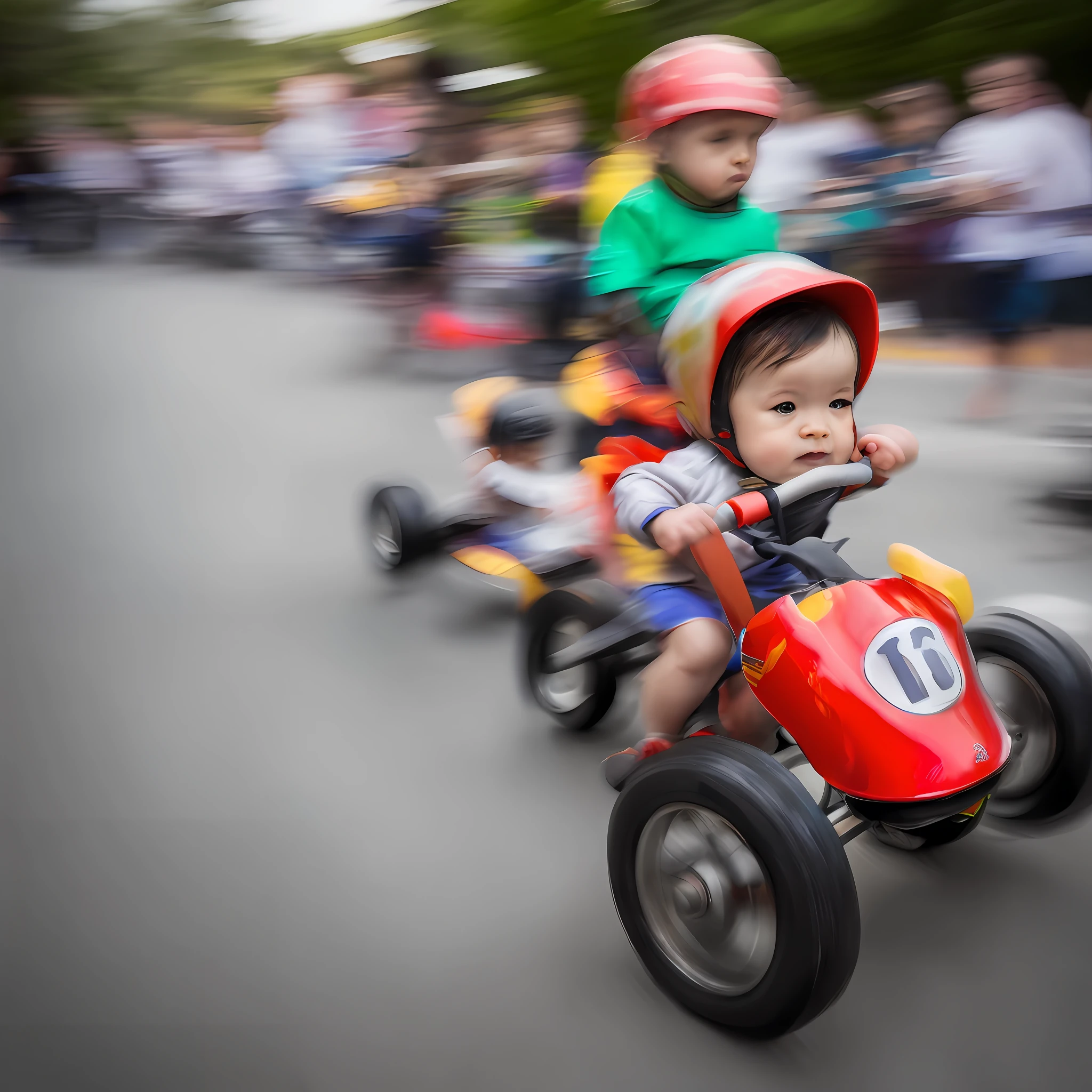 "(Close-up, raw time-lapse photography):1.2,(Toddler tricycle race, motion blur):1.3,(Long exposure):0.9,(Random expressions):1.1,Ultra-detailed, Super HD, Ridiculous Resolution." --auto