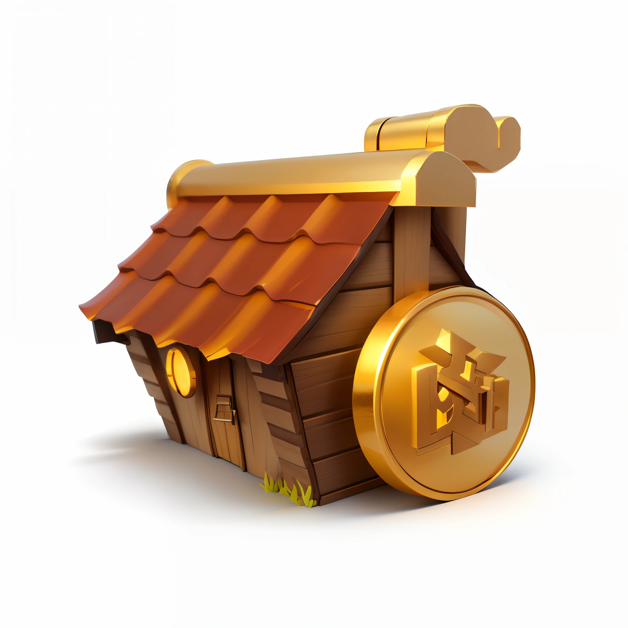 There is a small dollhouse，There is a gold coin on it, 3 d icon for mobile game, game icon asset, rounded house and cute character, game icon stylized, dofus, Gold, game assets, rich house, 3 d render stylized, asset store, Chinese style buildings, farm, rendered art, mobile game asset, settlement, stylized 3 d