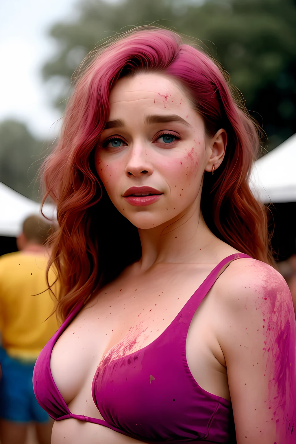 Emilia Clarke , vestindo moletom, olhando para o espectador, big boobs, festival de cores holi, retrato, ponto de vista hiper detalhado, por lee jeffries, nikon d850, fotografia de filme, 4 kodak portra 400, F1 camera lens.6, cores ricas, hiper realista, textura realista, dramatic lighting, cinestill 800,