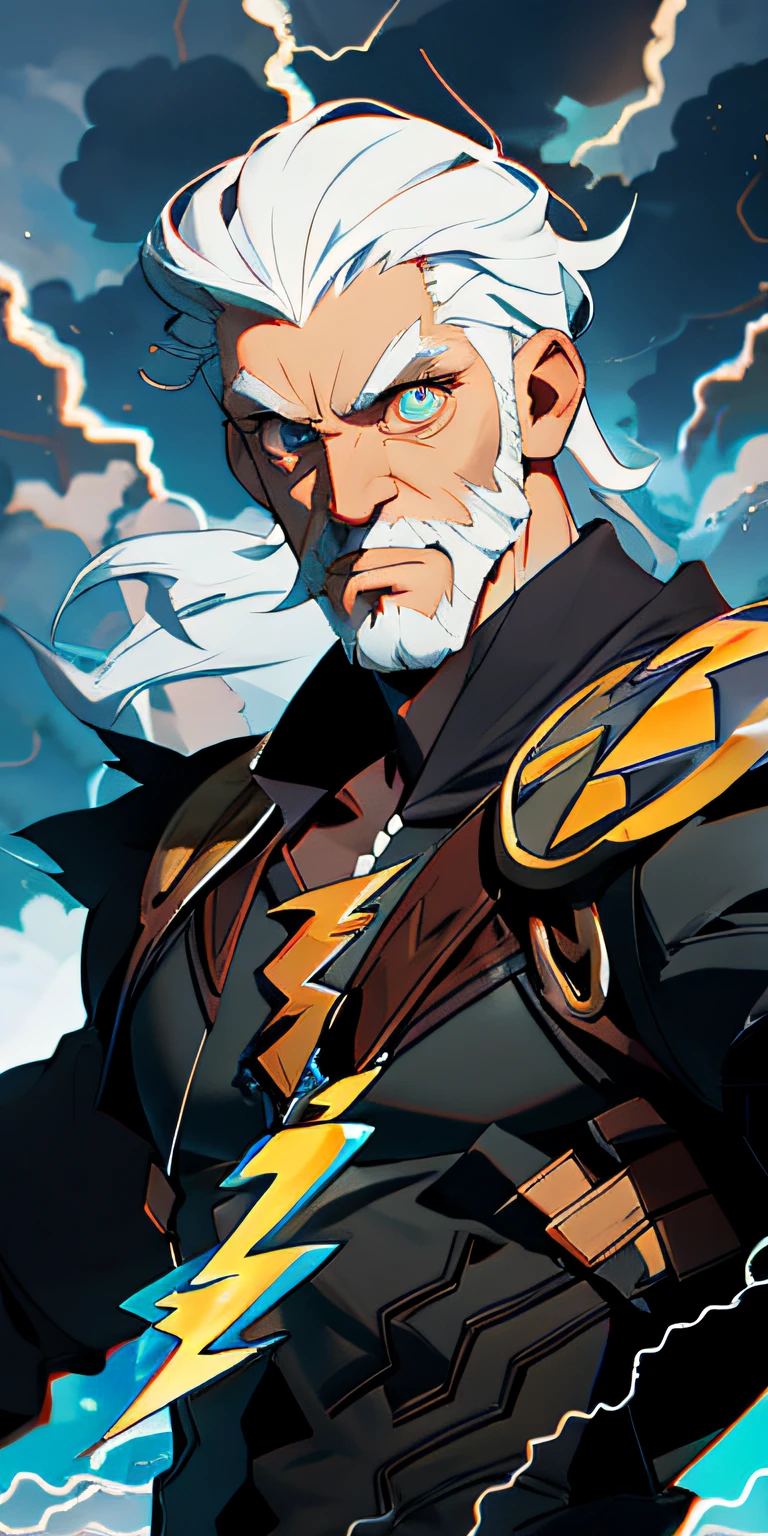 Odin lightning clouds, muscles, white beard, holding thunderbolts, lightning coming from eyes