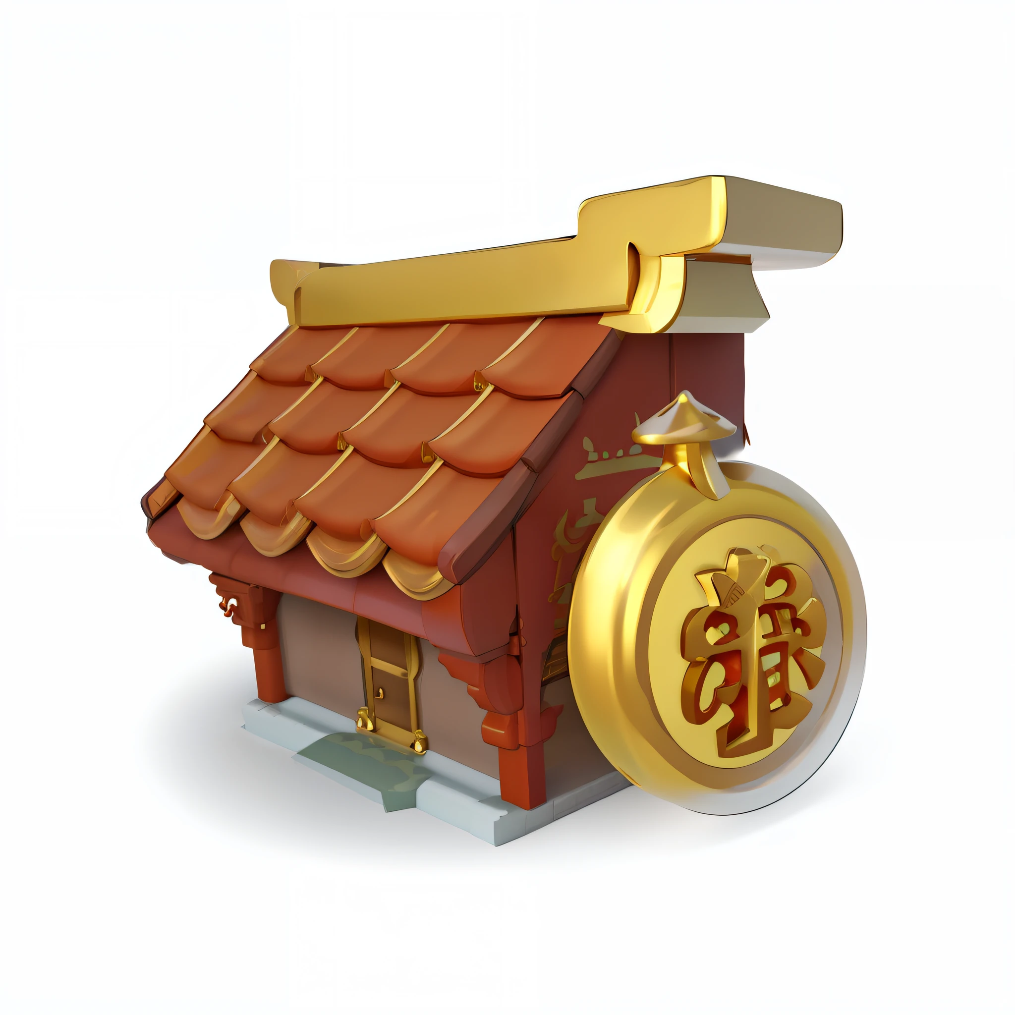 Close-up of the house，There is a coin on it, tiled roofs, Gold, Unknown, game icon asset, rounded roof, 3 d icon for mobile game, golden chinese text, The image, Chinese style, roofs, small settlements, ability image, stone roof, with many gold coins, hou china, rpg item, dofus, jeweled, nanquan，cartoony