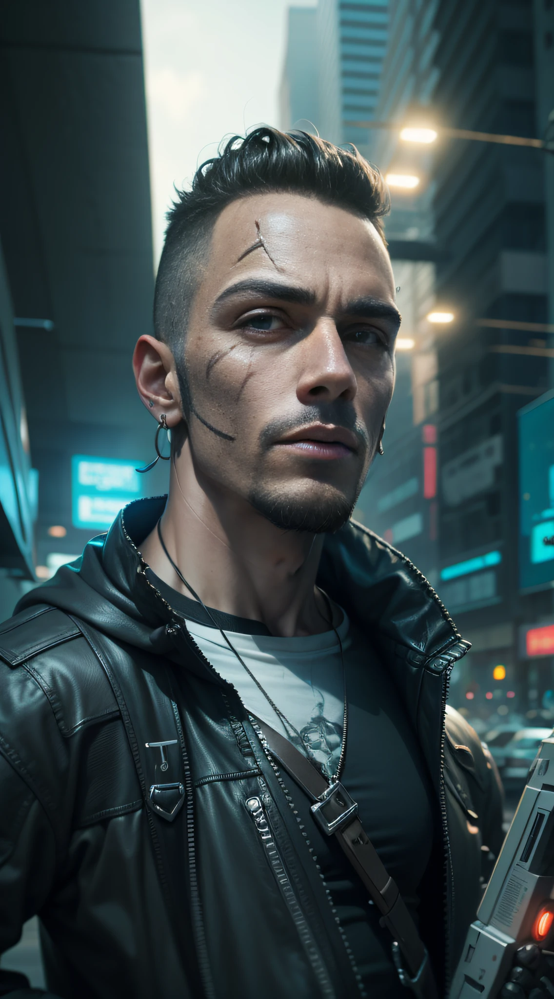 Cyberpunk, estilo epico, background escuro com luzes roxas, cicatrizes no rosto, partes robotica, homem 19 anos --auto