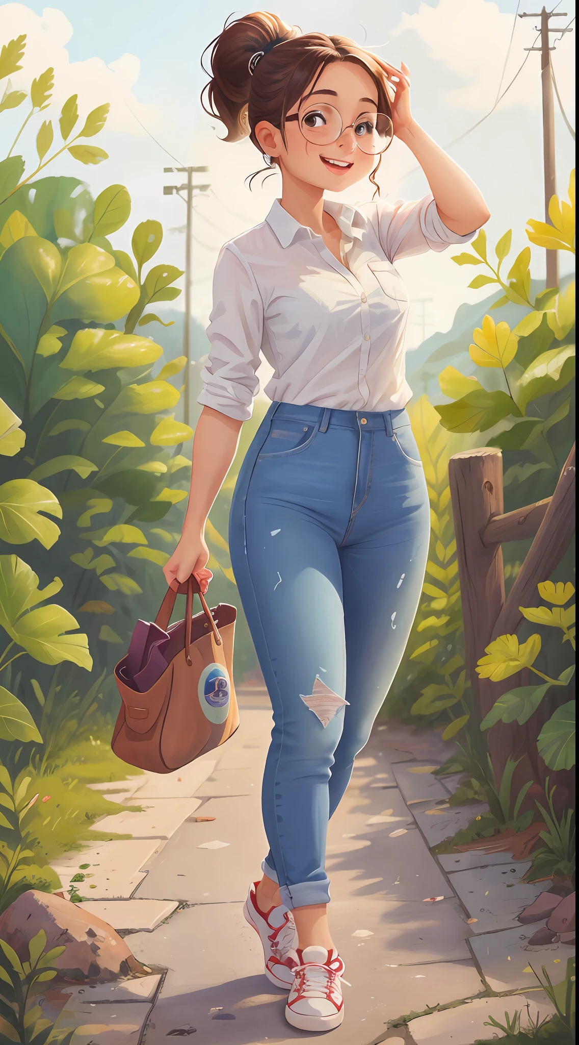 Aquarela. mulher 29 anos, lindo rosto fino, olhos vibrantes, wears glasses, sorriso discreto, cabelos preto, stuck back like a ponytail, olhando para o espectador, corpo inteiro, standing on her feet, wearing jeans, white button-front shirt and sneakers, background is a rural landscape, tudo de perfeita qualidade, (Masterpiece: 1.2) (Realistic: 1.2) (Bokeh) (melhor qualidade) (pele detalhada: 1.3) (detalhes intrincados) (8k) (Detalhe Olhos) (sharp-focus),