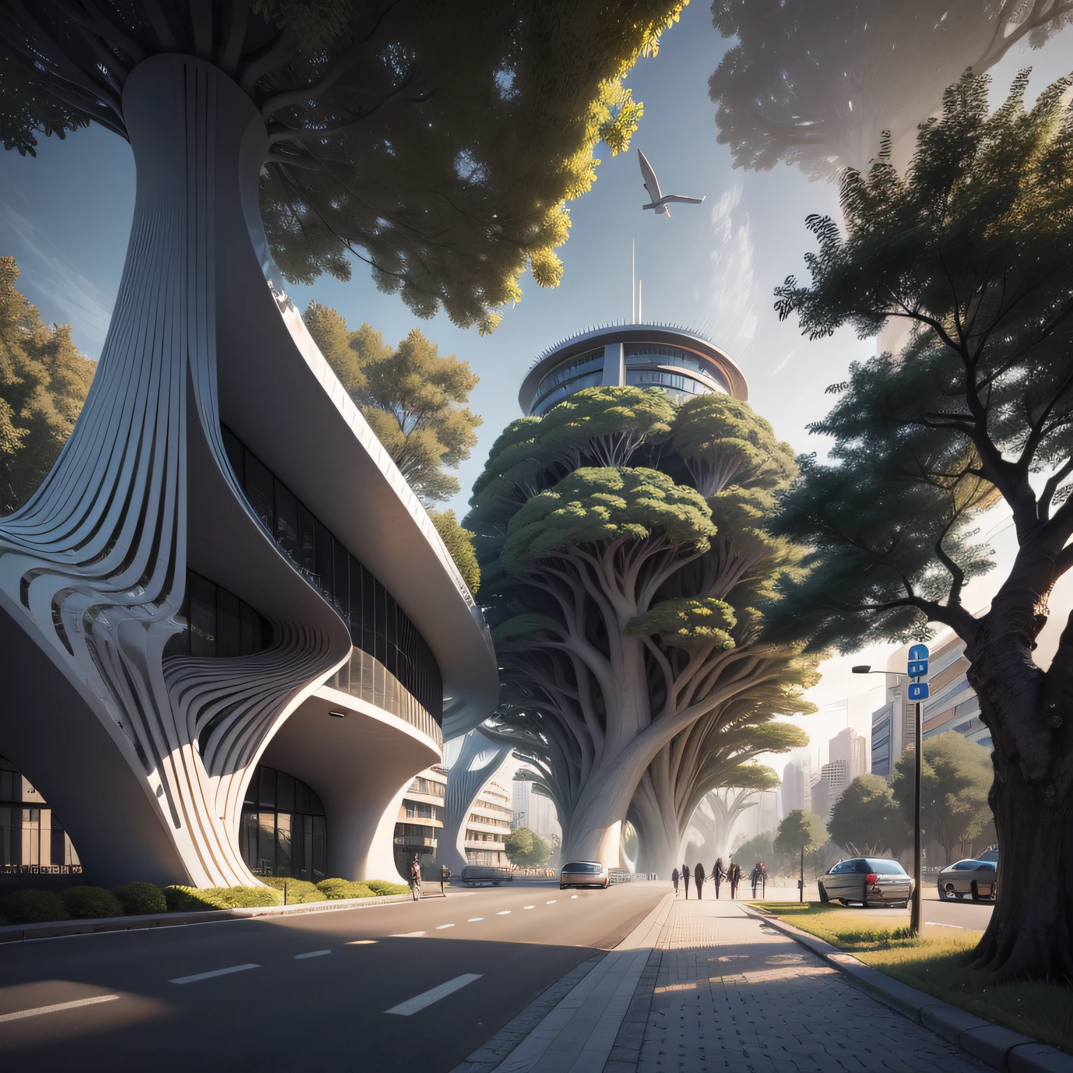 Futuristic architecture, arquitetura premiada, skyscraper architectureCity, photographic style, Rendering, Alameda de plane trees, Highly detailed dream building in the architectural styles of Oscar Niemeyer and Ernst Haeckel :: arquiteturacore :: High contrast wide avenue in front full of trees, plane trees