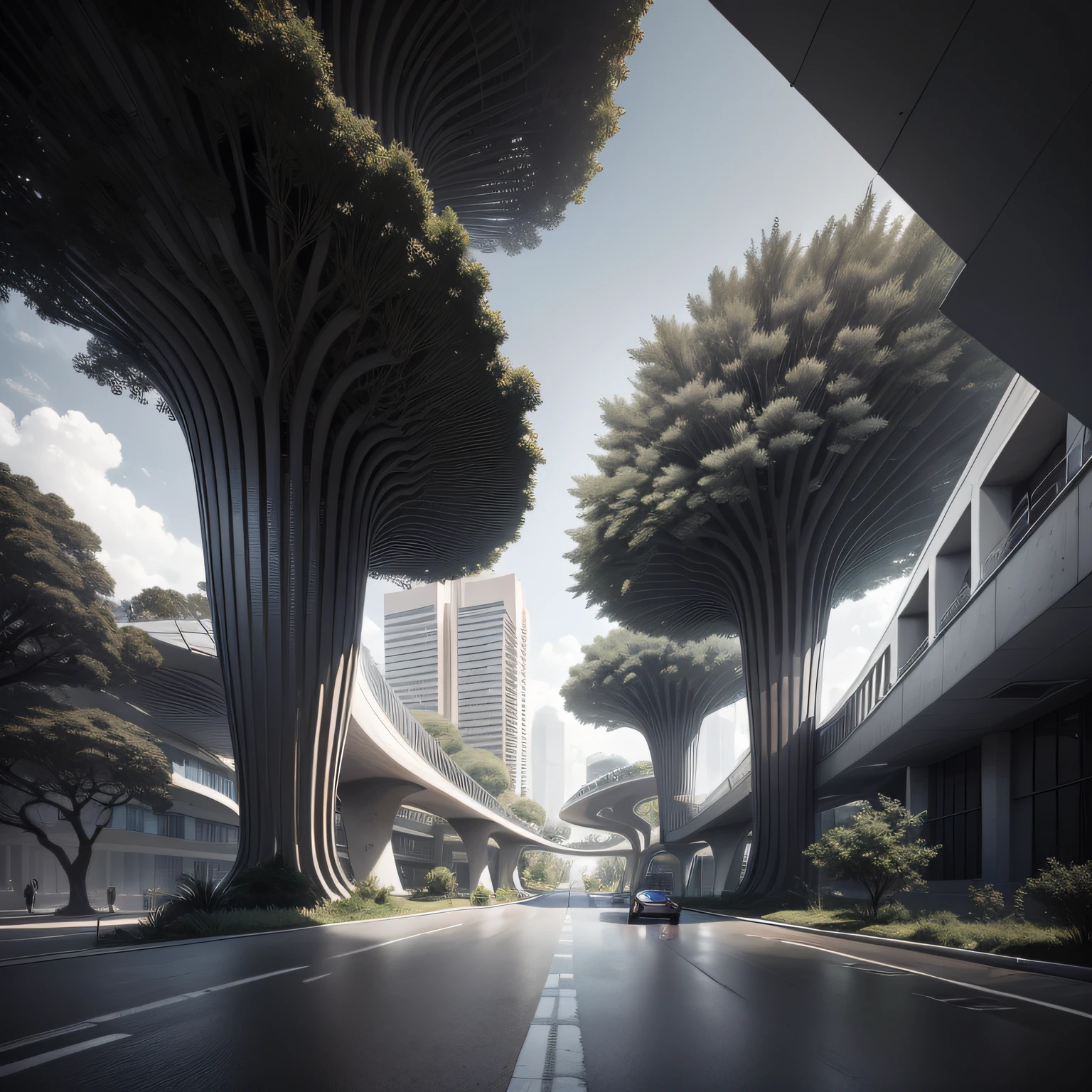 Futuristic architecture, arquitetura premiada, skyscraper architectureCity, photographic style, Rendering, Alameda de plane trees, Highly detailed dream building in the architectural styles of Oscar Niemeyer and Ernst Haeckel :: arquiteturacore :: High contrast wide avenue in front full of trees, plane trees