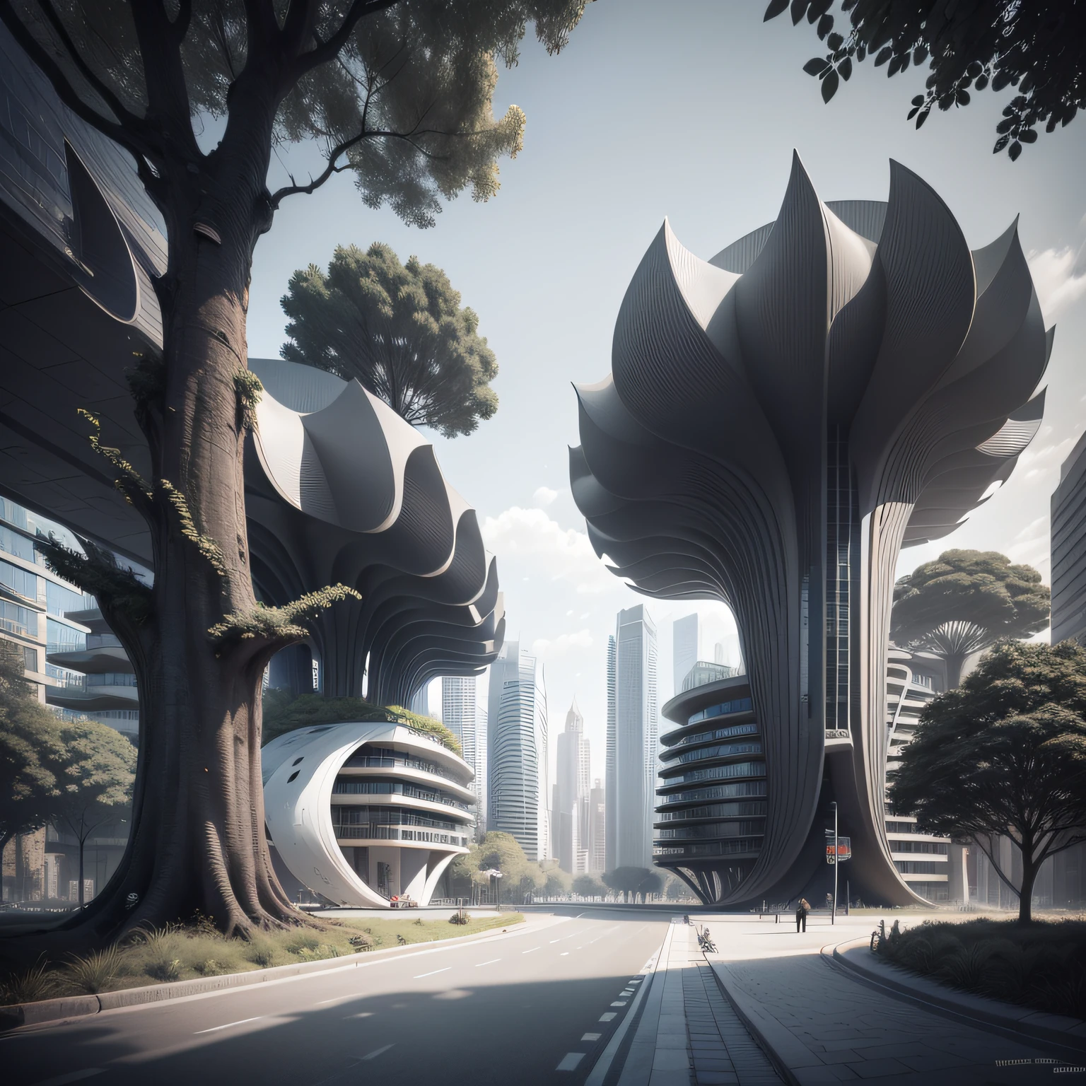 Futuristic architecture, arquitetura premiada, skyscraper architectureCity, photographic style, Rendering, Alameda de plane trees, Highly detailed dream building in the architectural styles of Oscar Niemeyer and Ernst Haeckel :: arquiteturacore :: High contrast wide avenue in front full of trees, plane trees