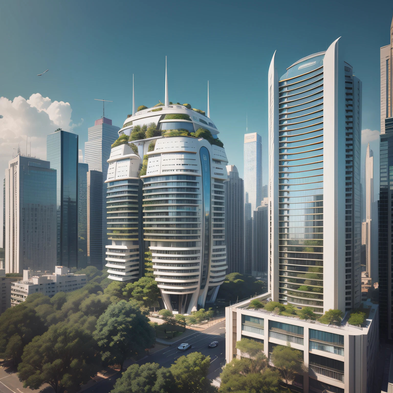 Futuristic architecture, arquitetura premiada, skyscraper architectureCity, photographic style, Rendering, Alameda de plane trees, Highly detailed dream building in the architectural styles of Oscar Niemeyer and Ernst Haeckel :: arquiteturacore :: High contrast wide avenue in front full of trees, plane trees
