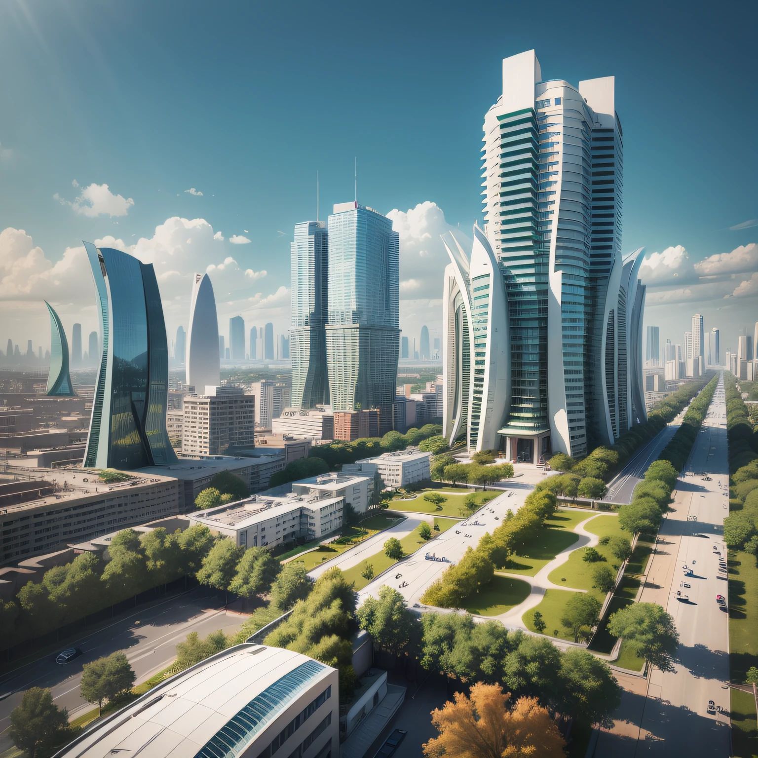 Futuristic architecture, arquitetura premiada, skyscraper architectureCity, photographic style, Rendering, Alameda de plane trees, Highly detailed dream building in the architectural styles of Oscar Niemeyer and Ernst Haeckel :: arquiteturacore :: High contrast wide avenue in front full of trees, plane trees