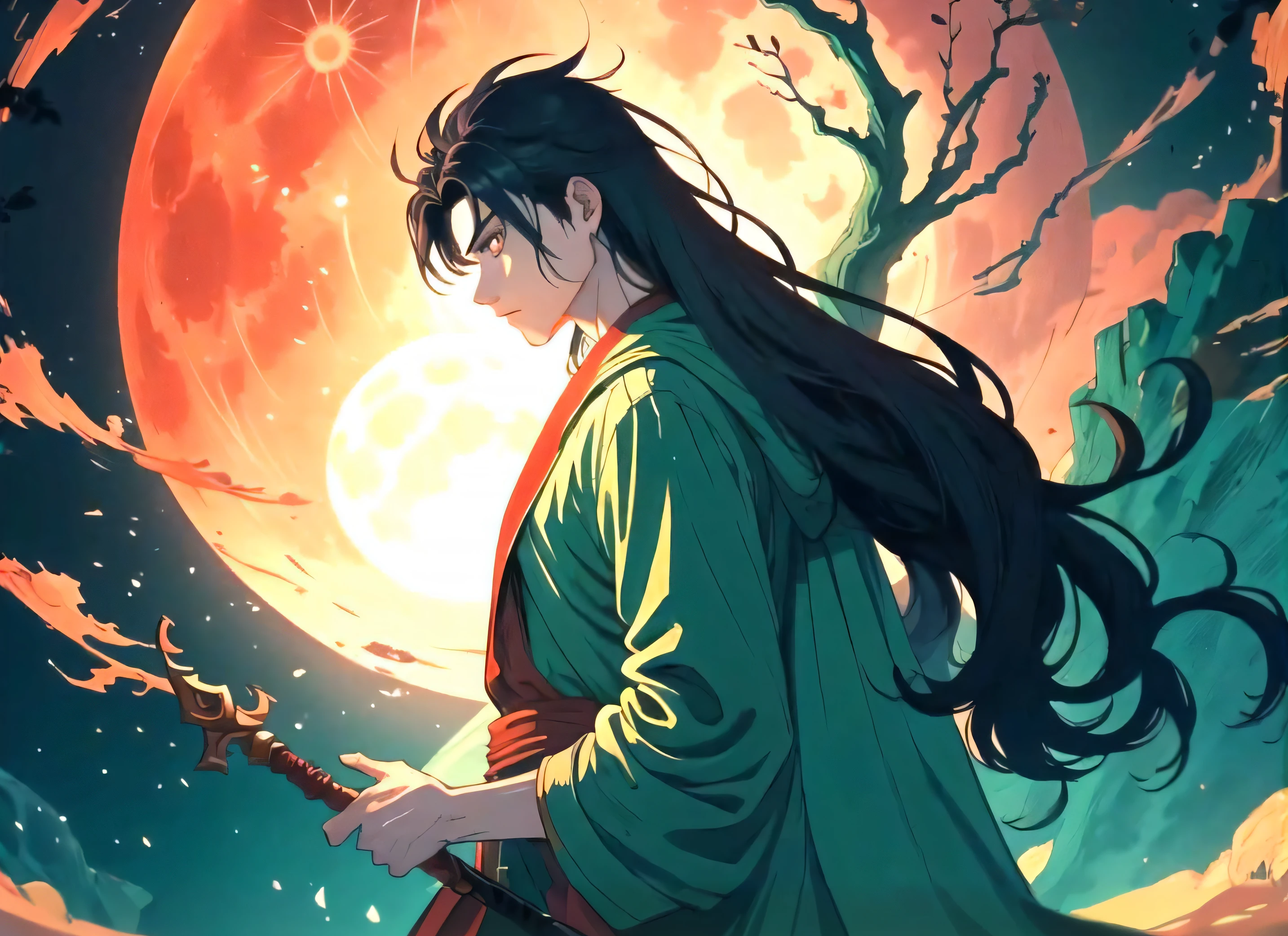 a woman in a green robe holding a sword in front of a full moon, handsome guy in demon slayer art, Artgerm and Atey Ghailan, akira from chinese mythology, demon slayer rui fanart, full body wuxia, Wuxia, ninja scroll anime style, demon slayer artstyle, 4k manga wallpapers, anime in fantasy style