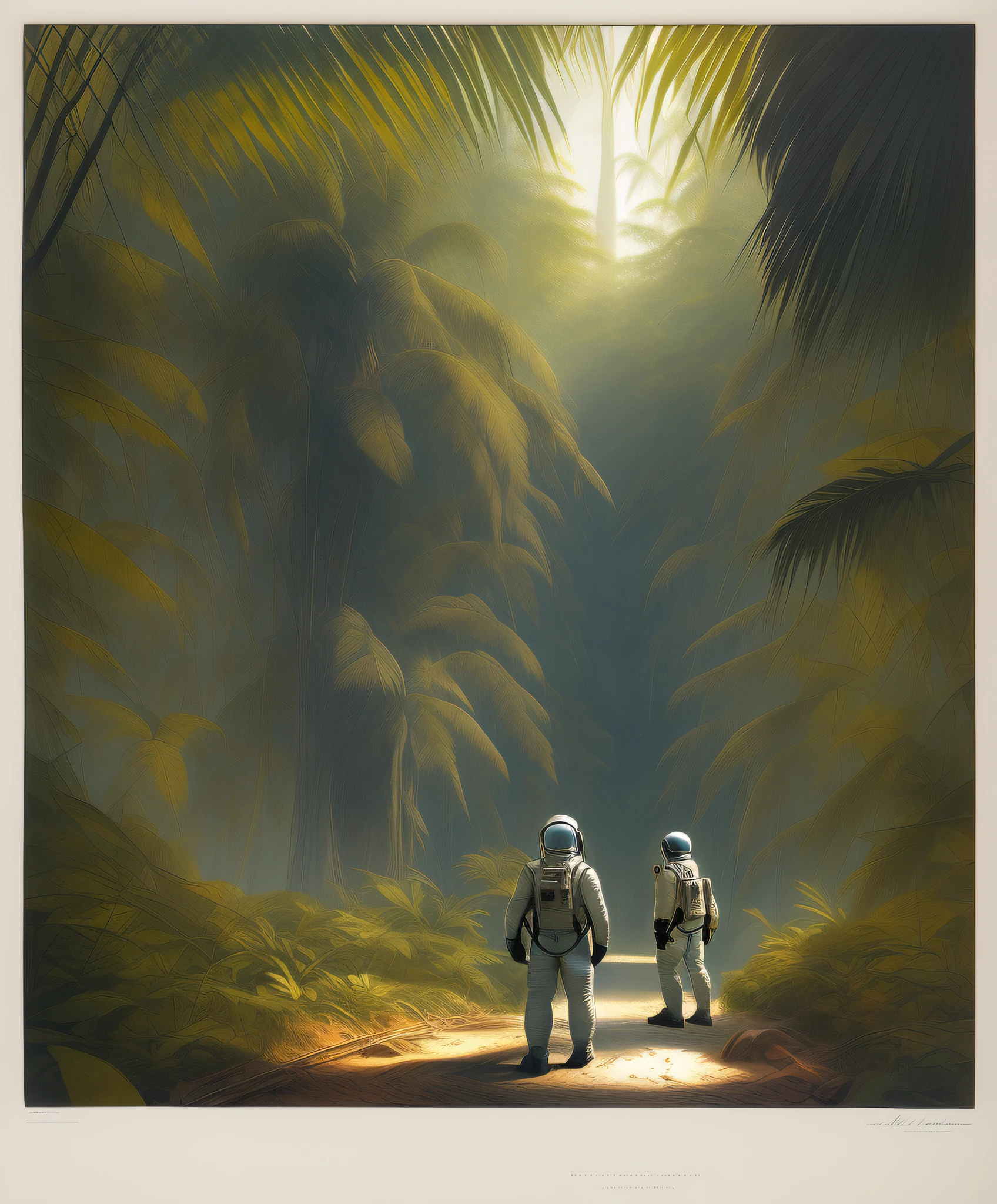 "Astronaut in a Jungle" by Syd Mead, cold color palette, muted colors, detailed, 8k, high detail, rim lighting, two tone lighting, dimly lit, low key