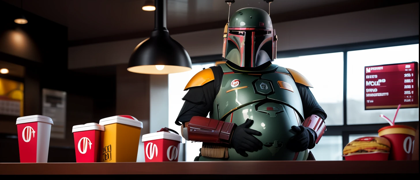 medium shot, bobafett, standing, helmet, armor, (obese:1.2), holding fast food bag, at mcdonalds, indoors, cinematic lighting, 8k, uhd, unreal, octane,