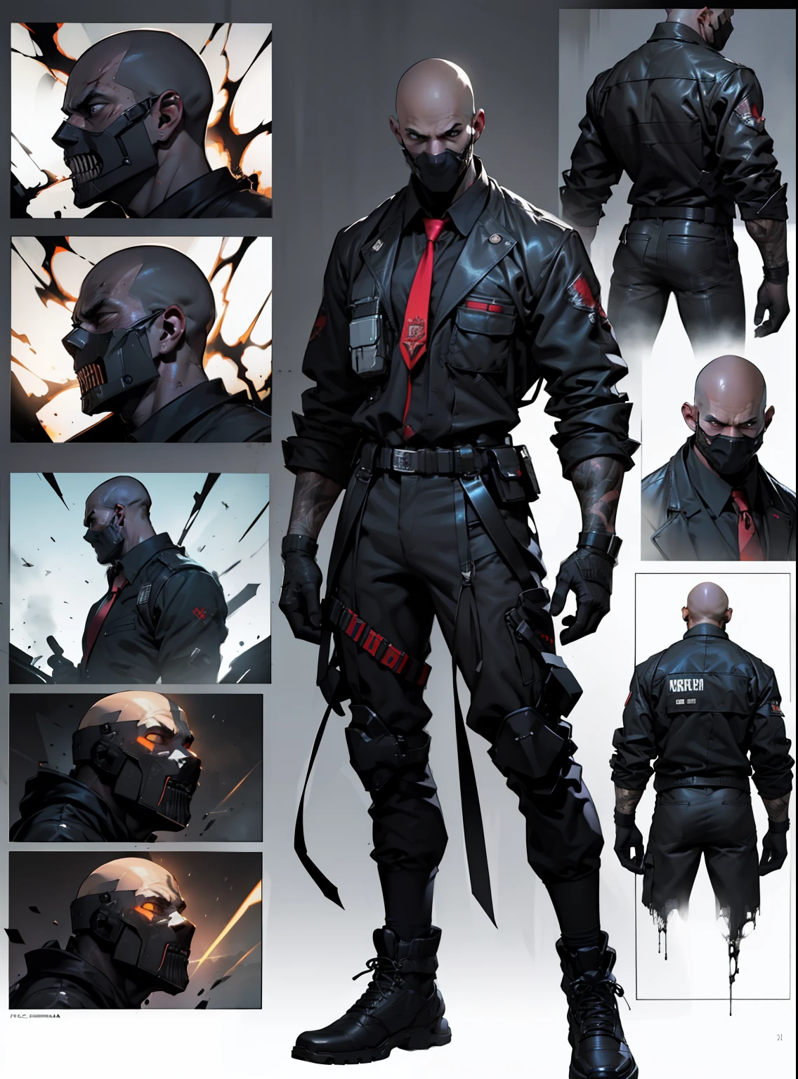 character sheet, full body, fred krueger in black suit and red tie, looking to the cammera, cyberpunk black suit, bald, burned skin face, intricate detail, high detail, full color, perfect anatomy, centered, approach to perfection, 4k , cinematic dramatic atmosphere, artstation, concept art, fluid and sharp focus, volumetric lighting, cinematic lighting