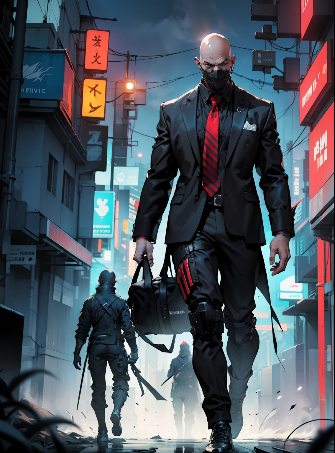 character sheet, full body, fred krueger in black suit and red tie, looking to the cammera, cyberpunk black suit, bald, burned skin face, intricate detail, high detail, full color, perfect anatomy, centered, approach to perfection, 4k , cinematic dramatic atmosphere, artstation, concept art, fluid and sharp focus, volumetric lighting, cinematic lighting