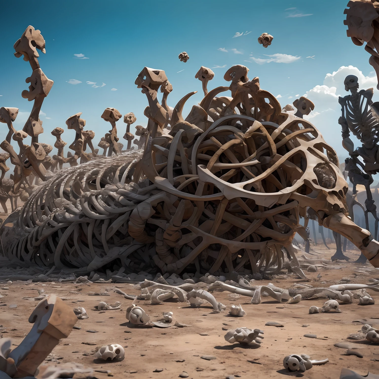 Mostrar um vale desolado, with dry bones scattered on the ground, the bones begin to move, coming together like a perfect puzzle, connecting tendons and forming a human structure. --auto