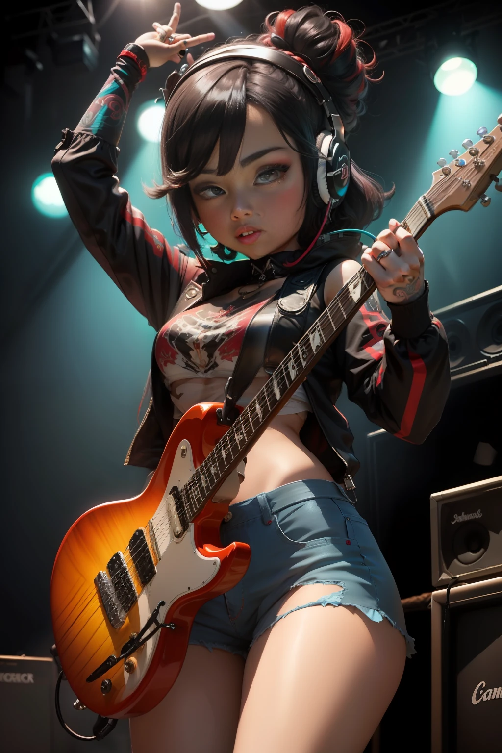 16k Ultra HD Vivid Colors Masterpiece Ultra Resolution Cinematic Digital Art, Chibi Style, A 20 Year Old Big Head Girl, Big Black Eyes, Black Hair, Light Brown Eyes, Rock Clothes, Tattoo on Her Arm, Standing Playing Colorful Electric Guitar, Effect Out of Guitar, She's on top of a stage, with gamer headphones. Vivid colors, vibrant colors, spicy colors, cinematic RAW light best ultra HD quality.