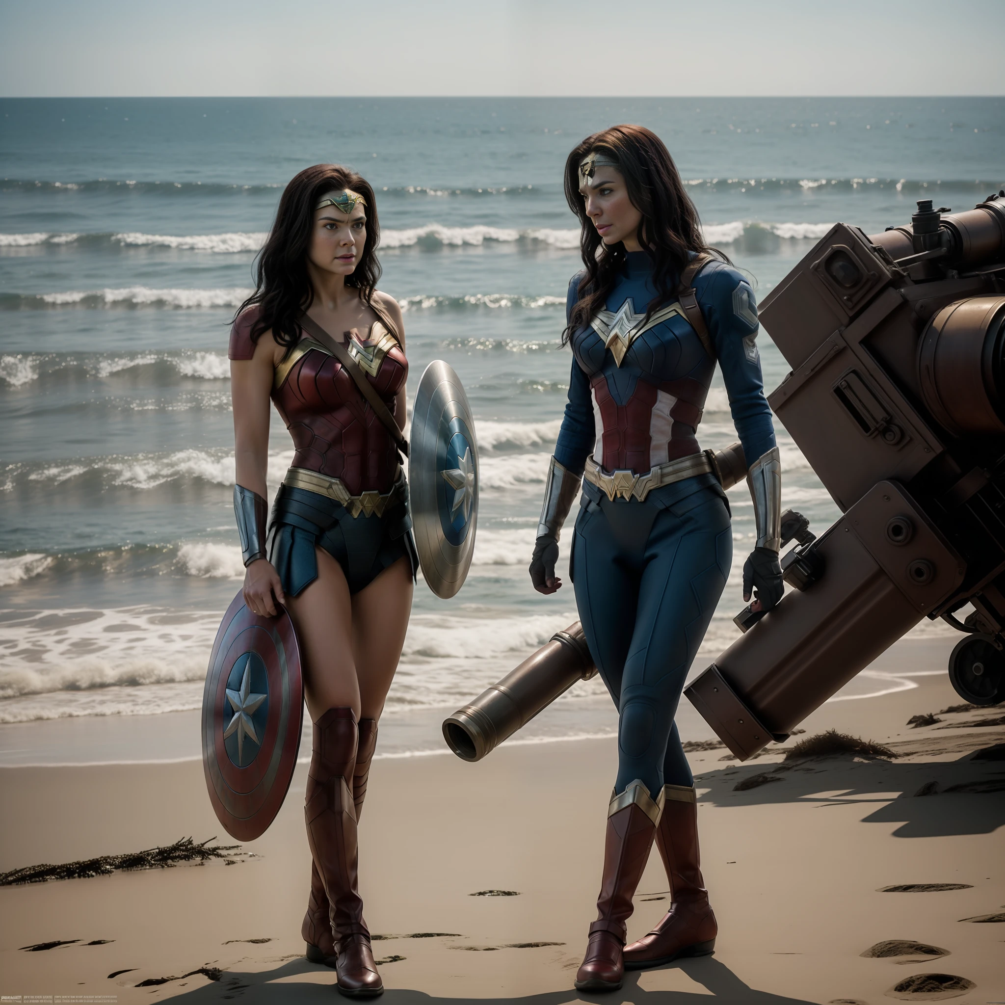 together on a mission Captain America and Wonder Woman by the ocean, cinematic, 8k, uhd, tomada la foto con una super camara cannon