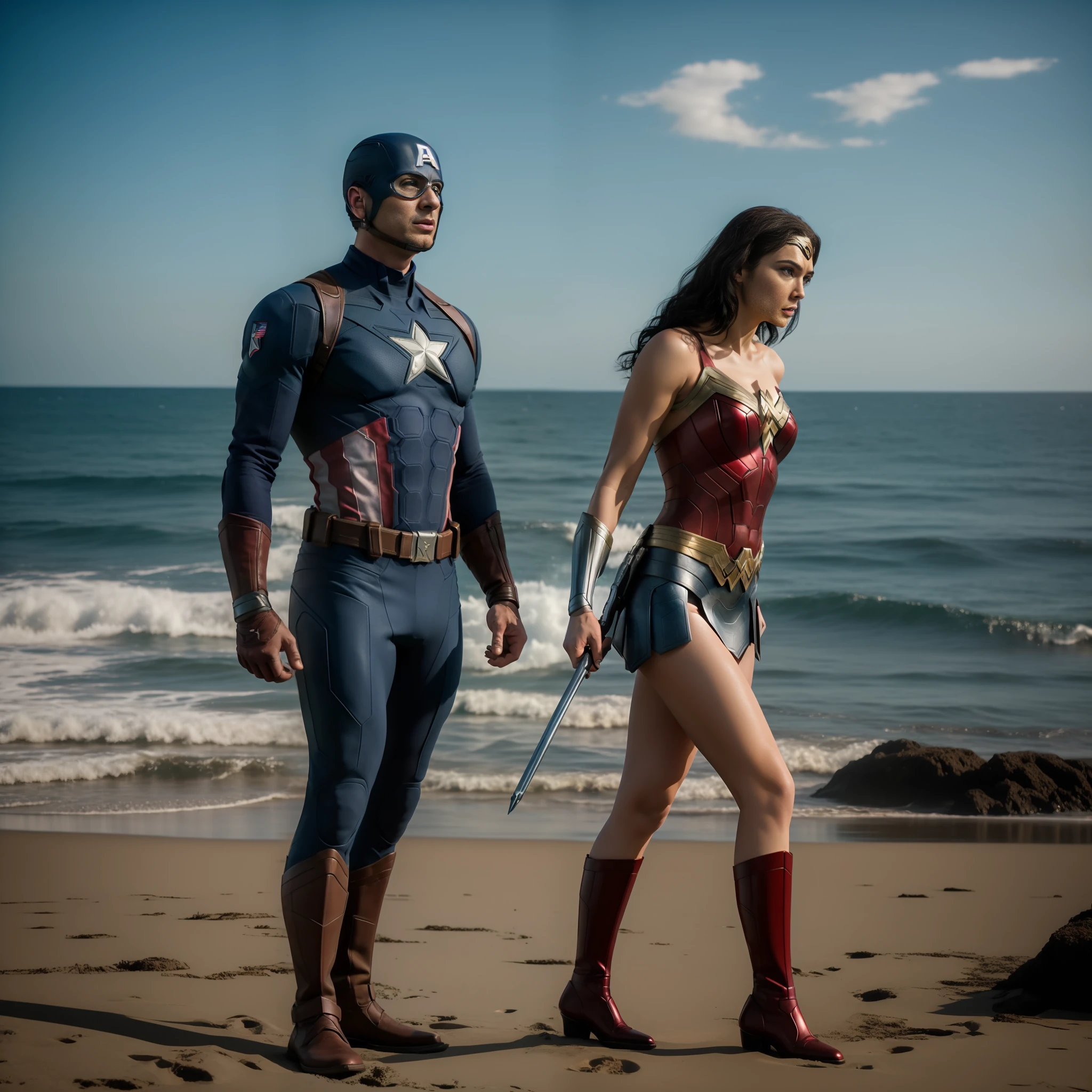 together on a mission Captain America and Wonder Woman by the ocean, cinematic, 8k, uhd, tomada la foto con una super camara cannon